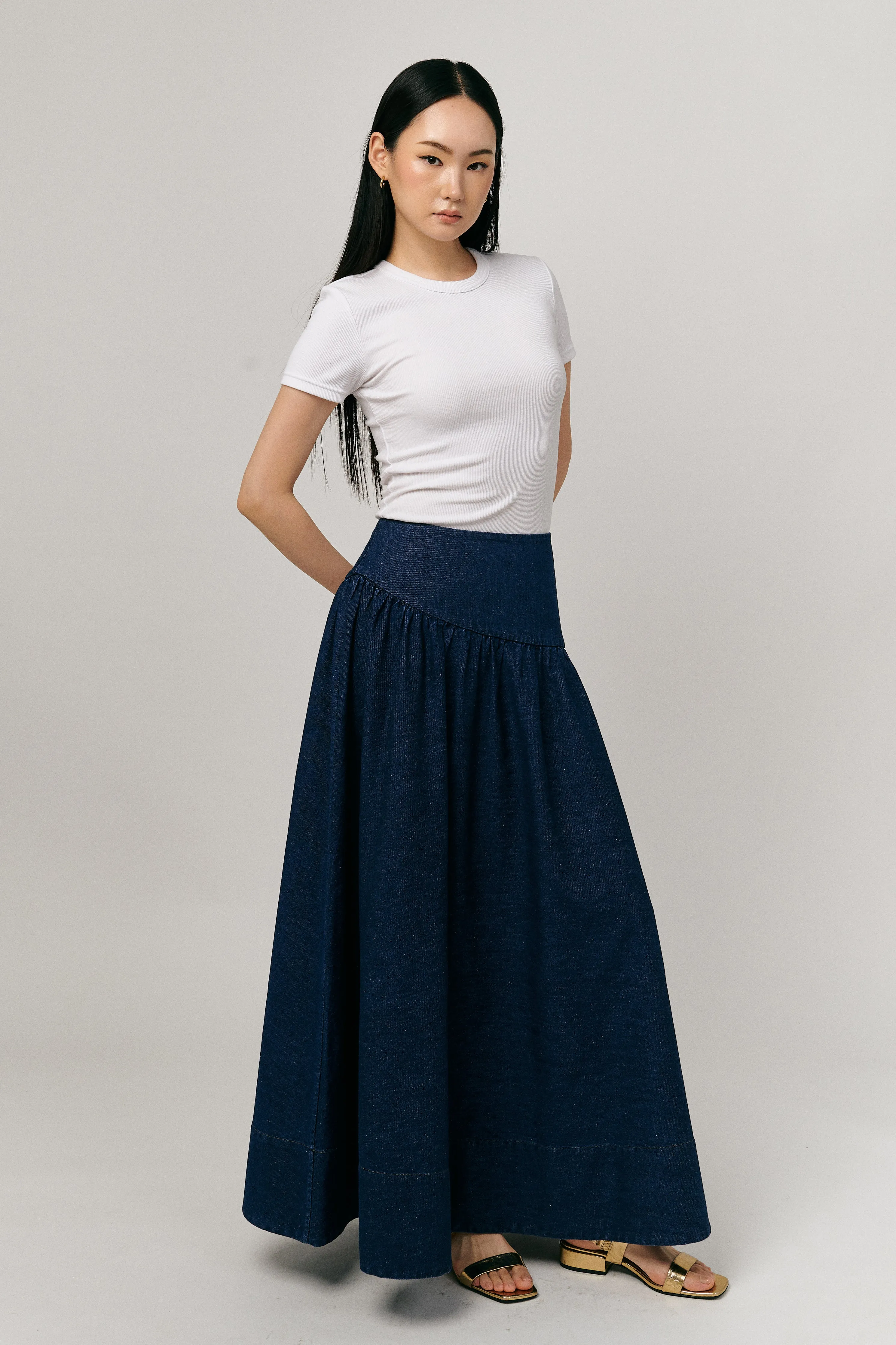 Asymmetric Denim Skirt in Dark Wash