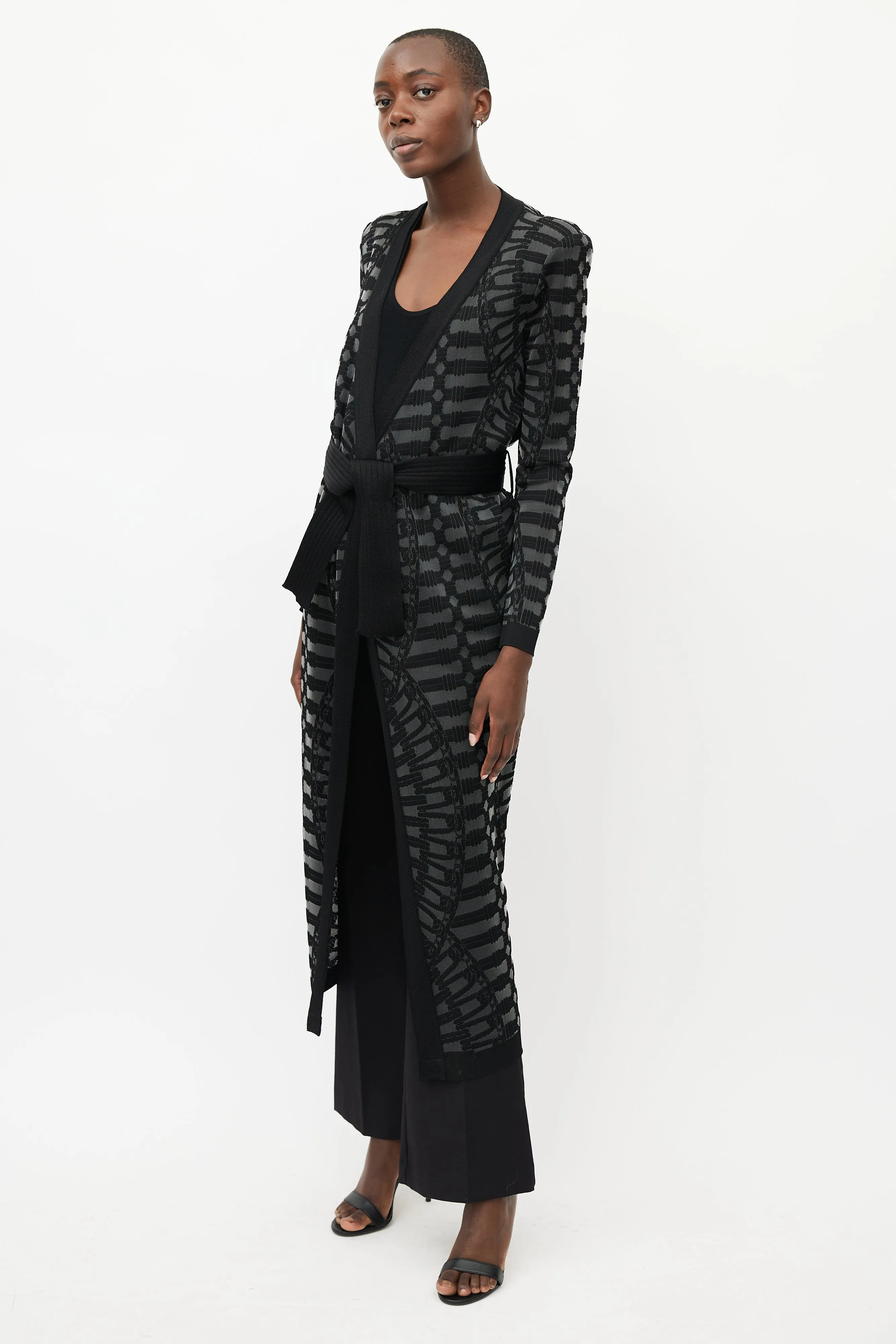 Black & Grey Knit Belted Cardigan