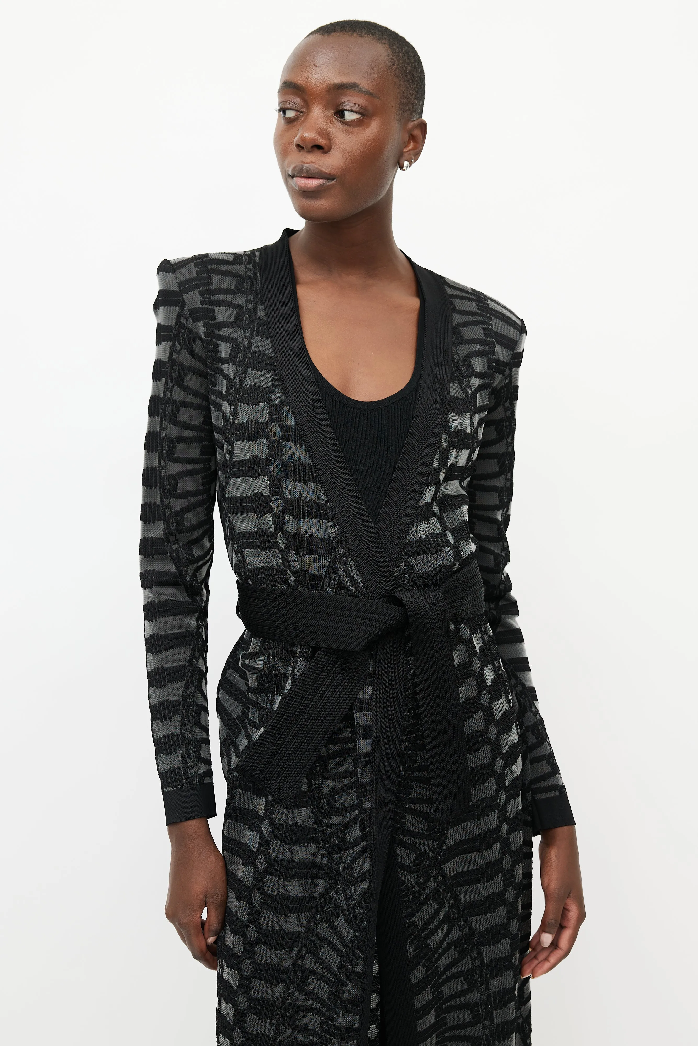 Black & Grey Knit Belted Cardigan