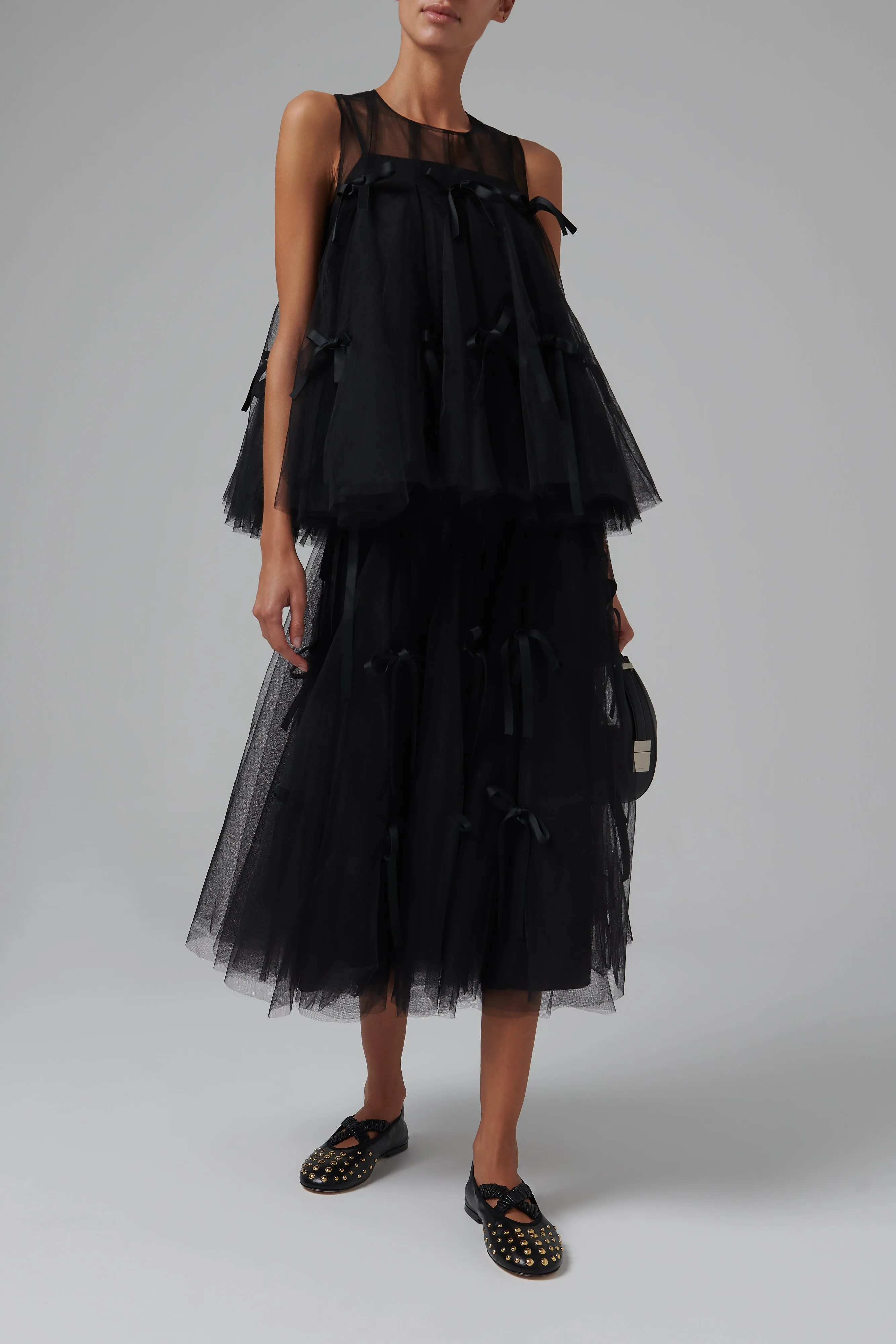 Black Bowknot Tulle Midi Skirt