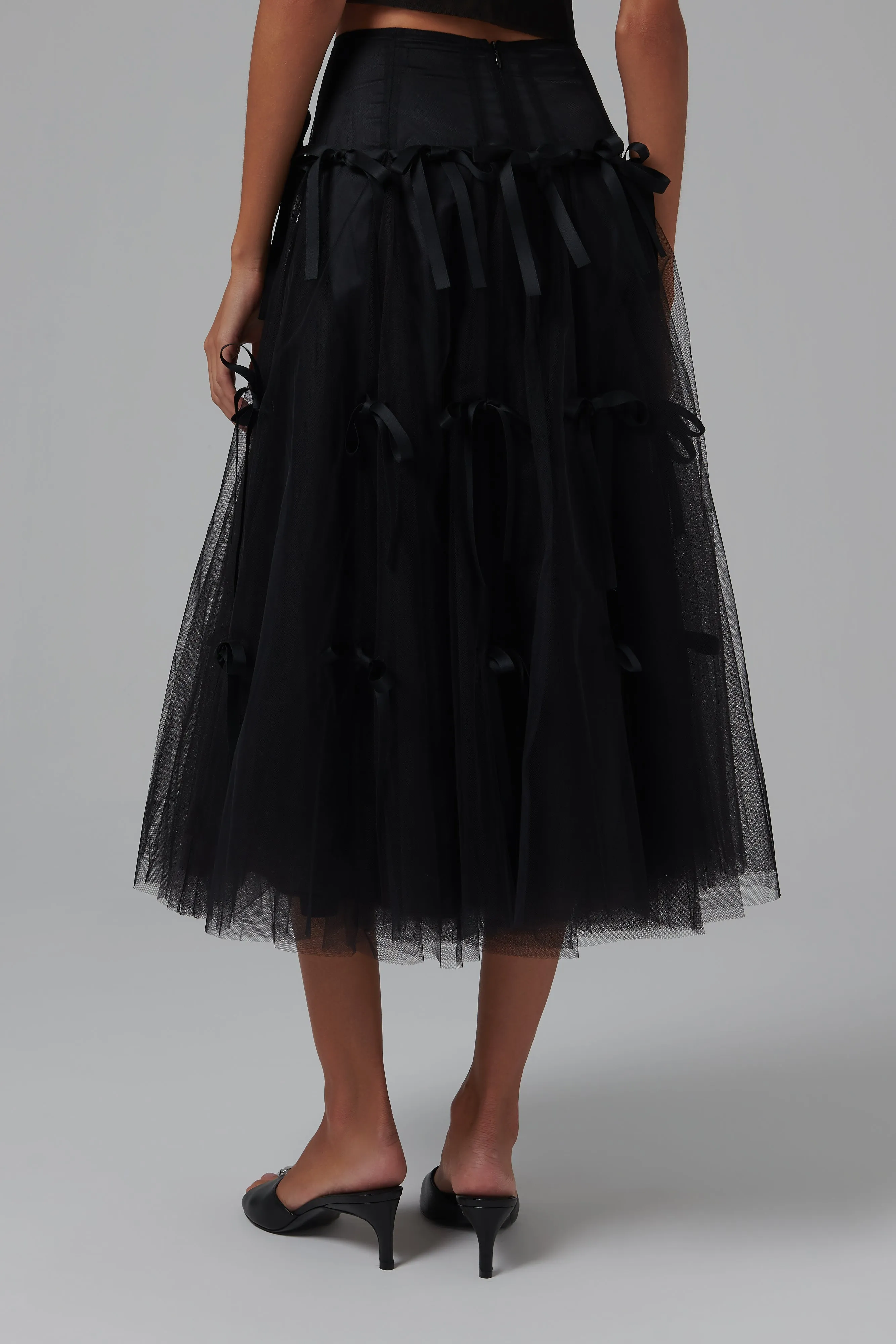 Black Bowknot Tulle Midi Skirt