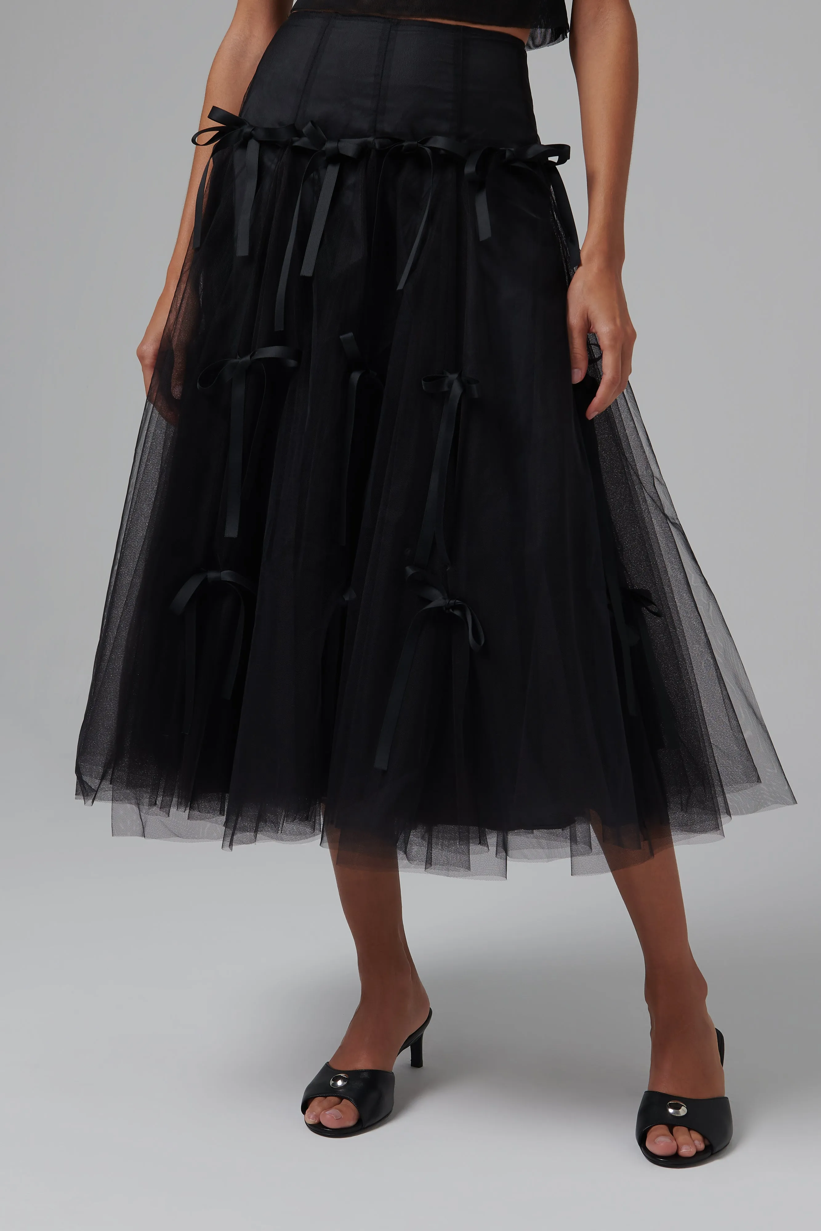 Black Bowknot Tulle Midi Skirt