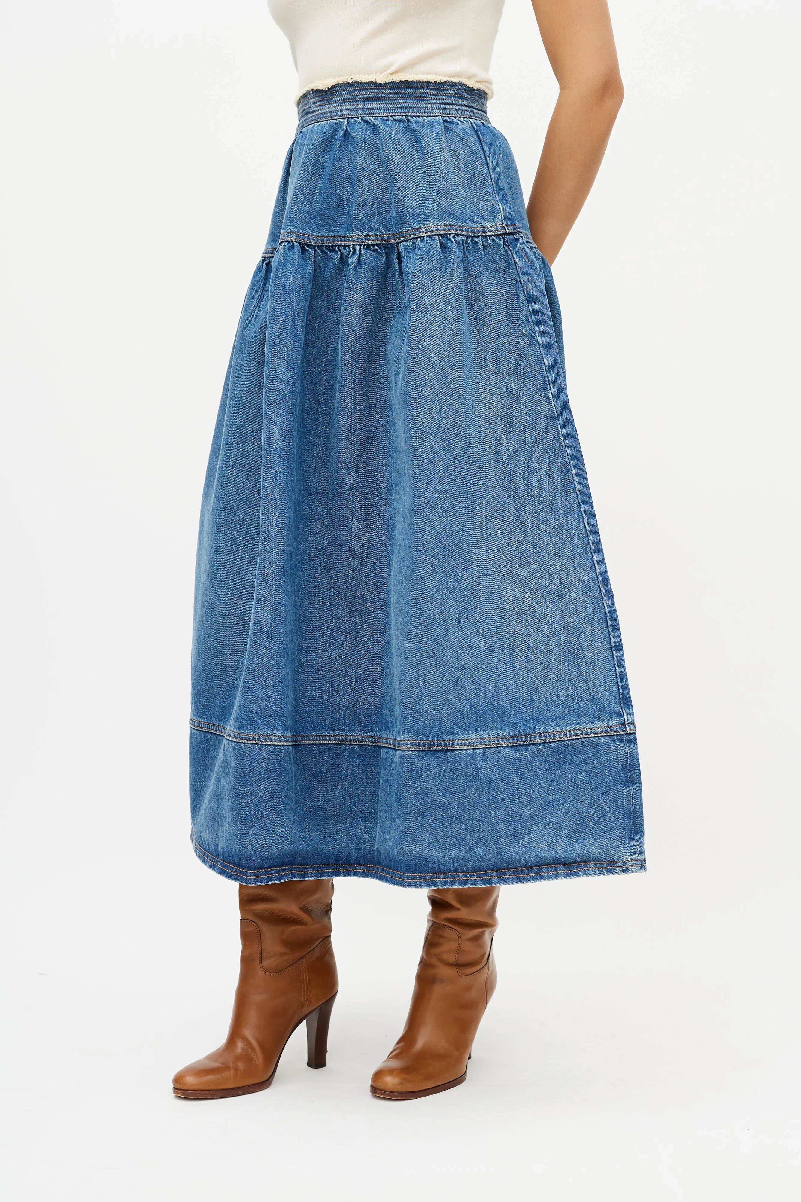 Blue Gathered Denim Maxi Skirt