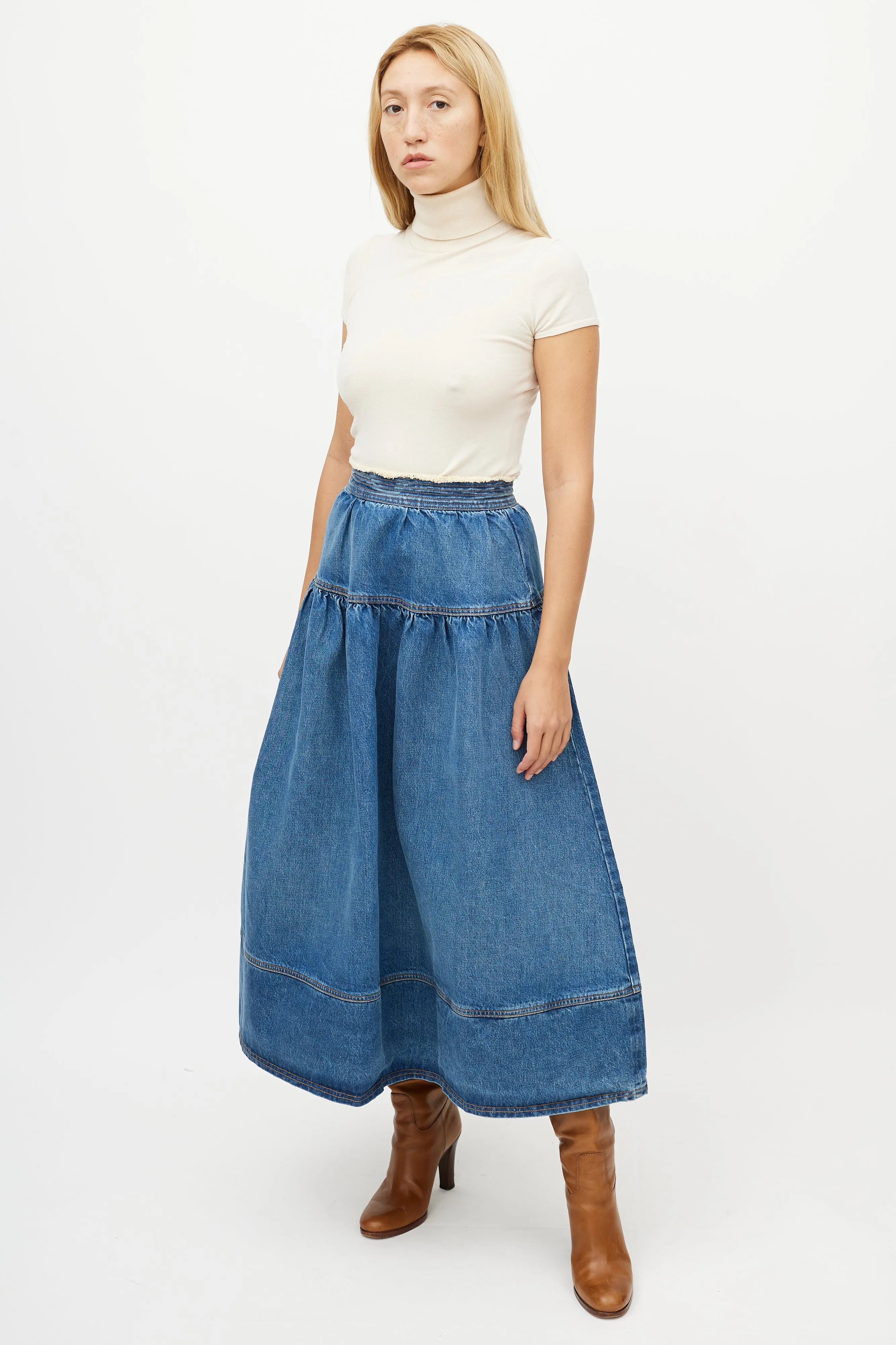 Blue Gathered Denim Maxi Skirt