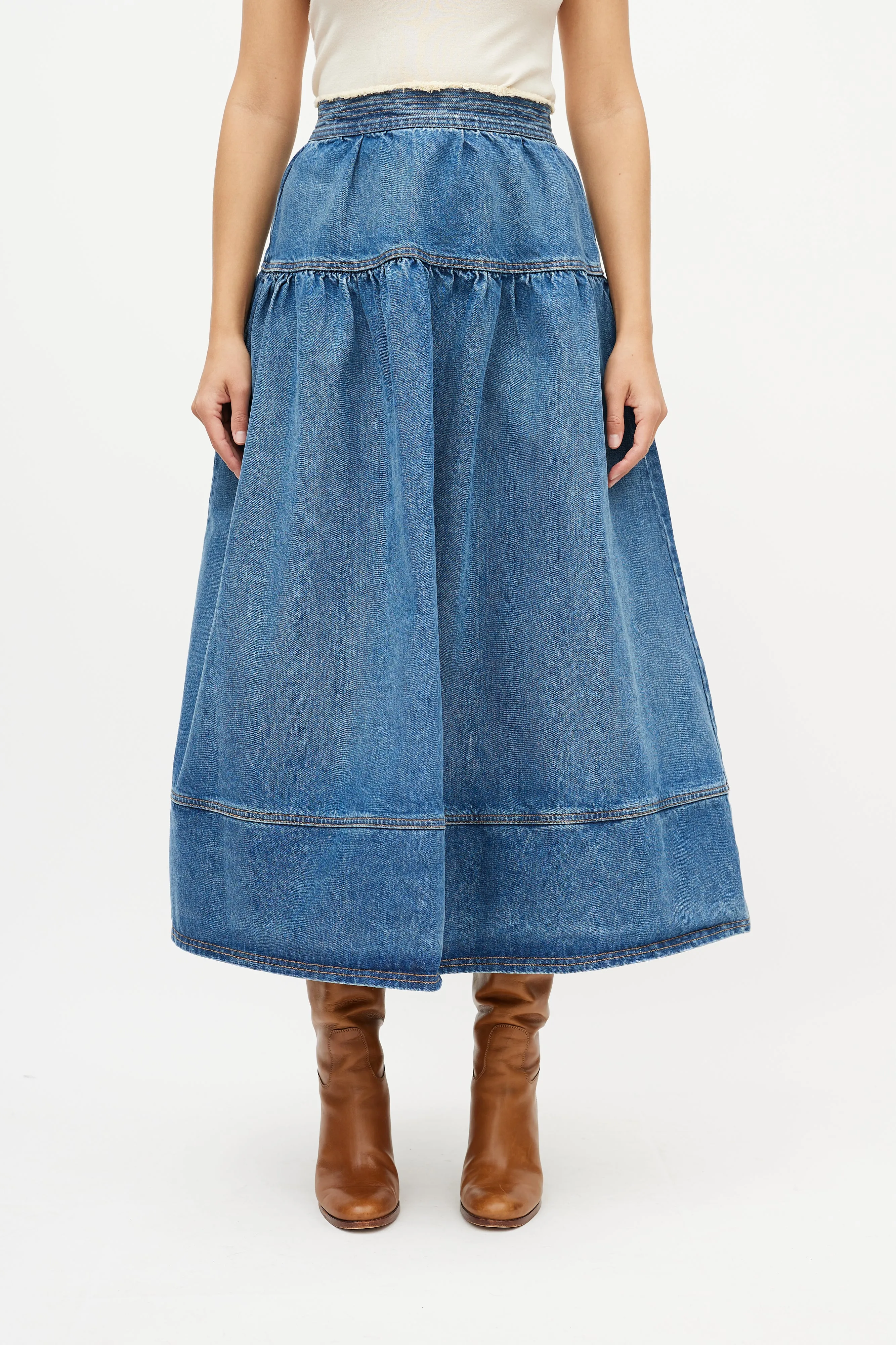 Blue Gathered Denim Maxi Skirt