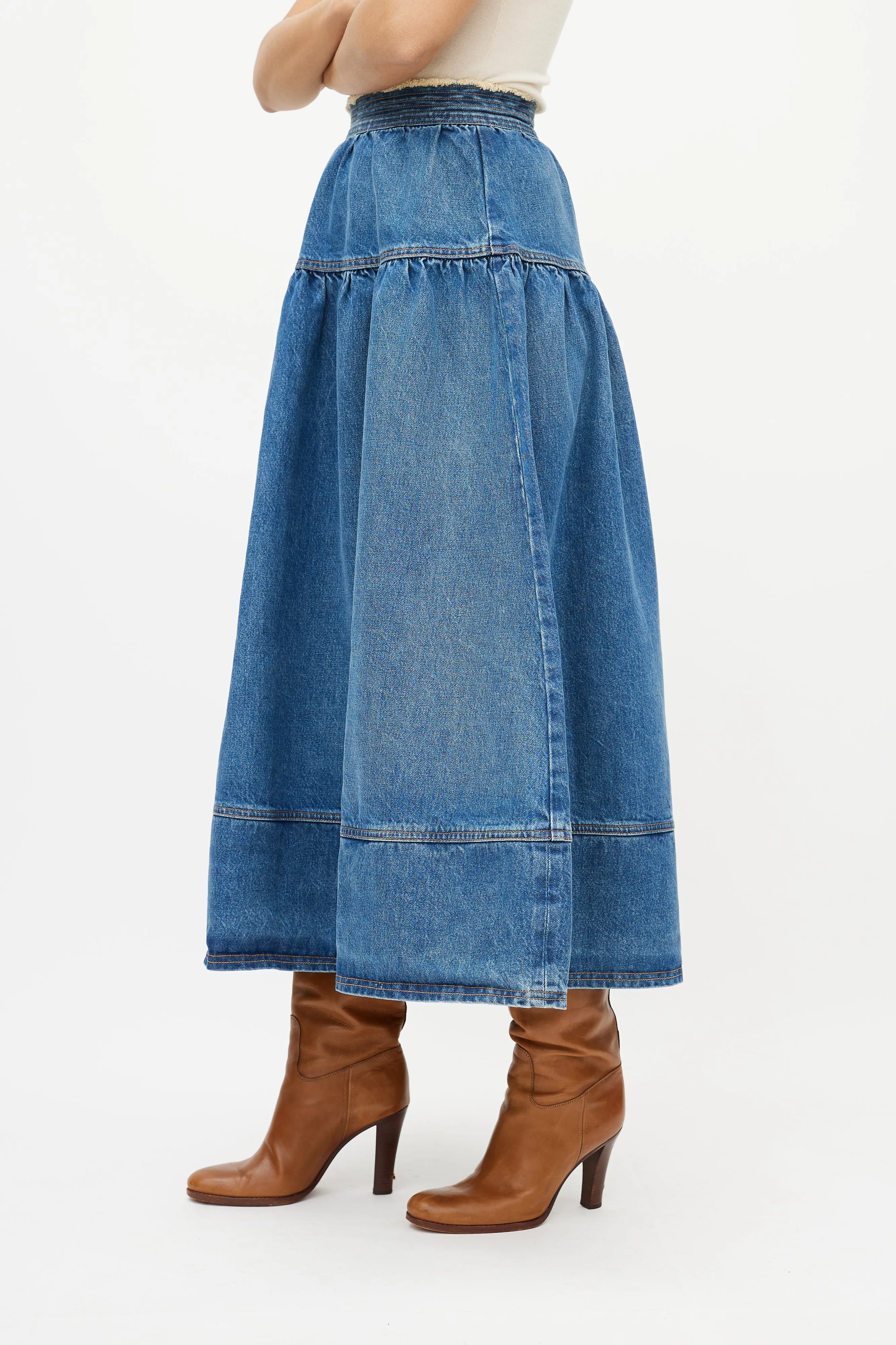 Blue Gathered Denim Maxi Skirt
