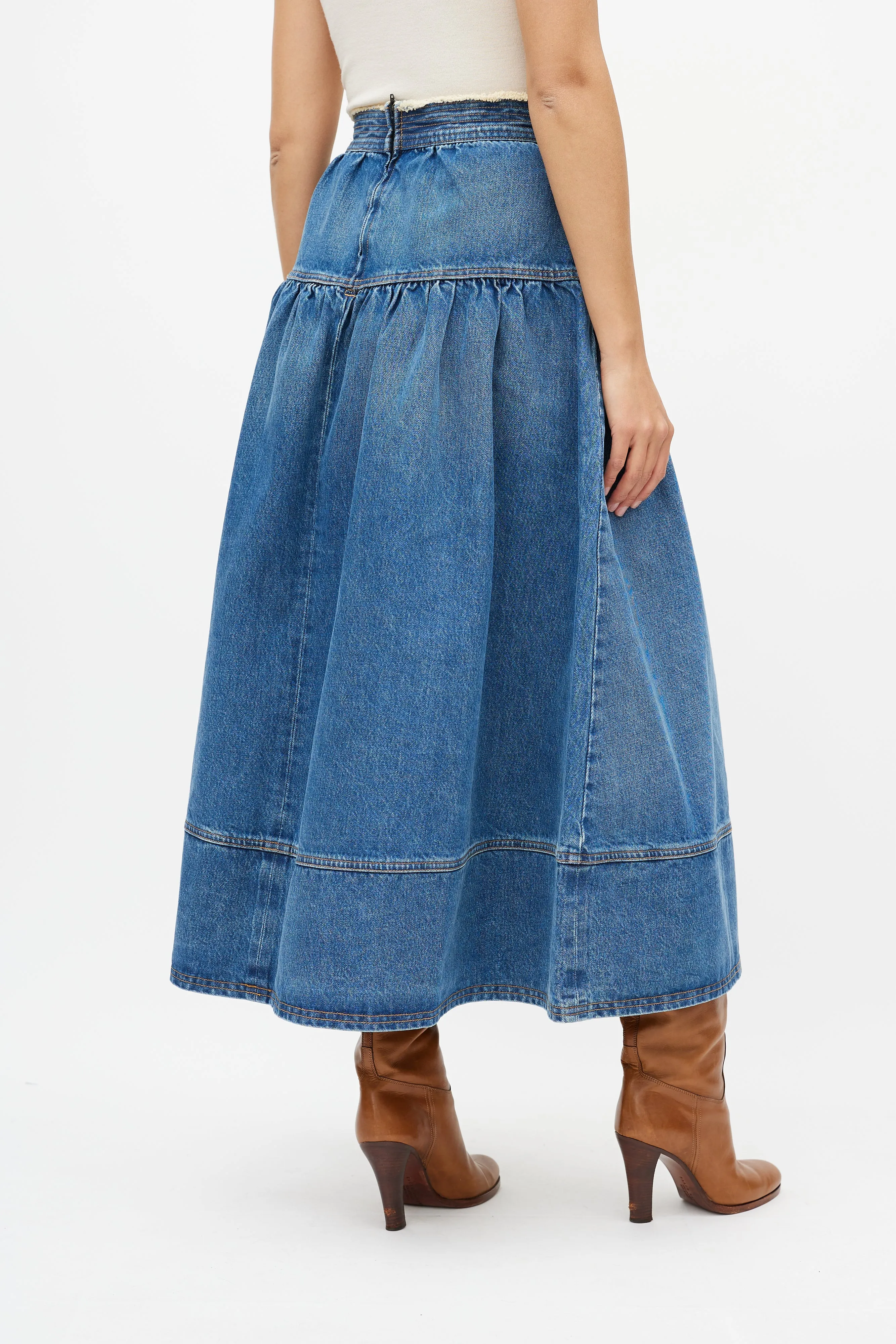 Blue Gathered Denim Maxi Skirt