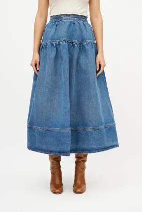 Blue Gathered Denim Maxi Skirt