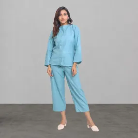 Co-ord Set Of Top And Pant For Women | Ocean Blue Cotton | Office Wear