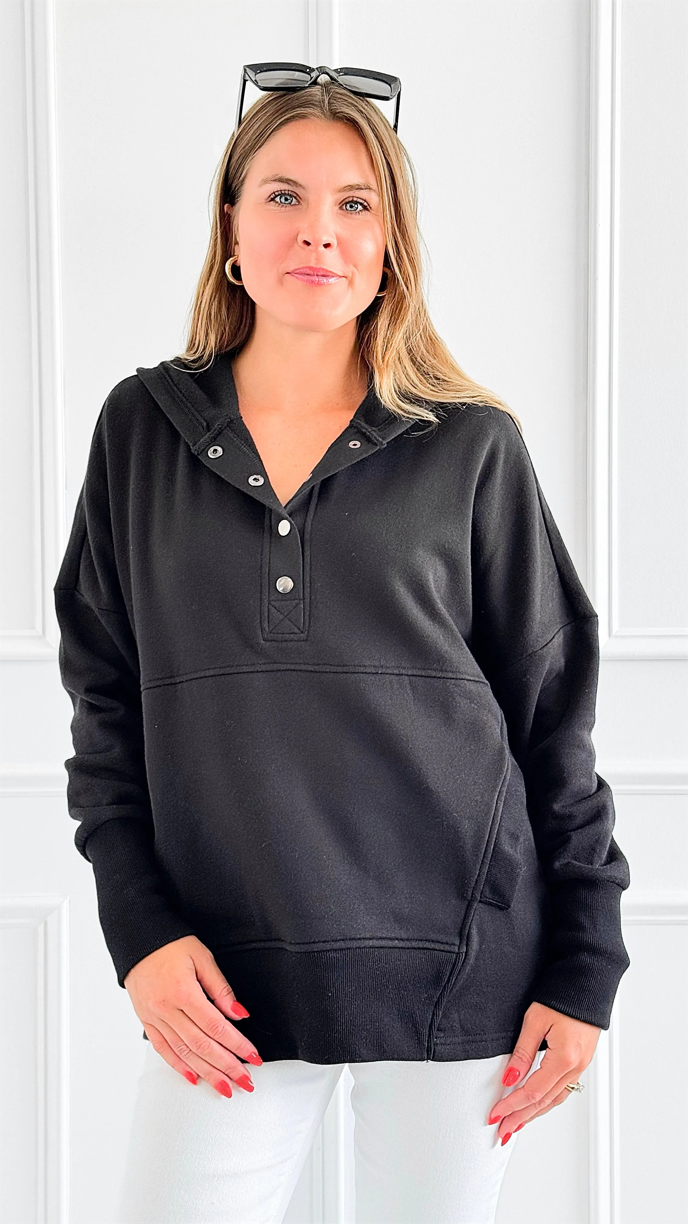 Cozy Button-Front Hoodied Sweatshirt - Black