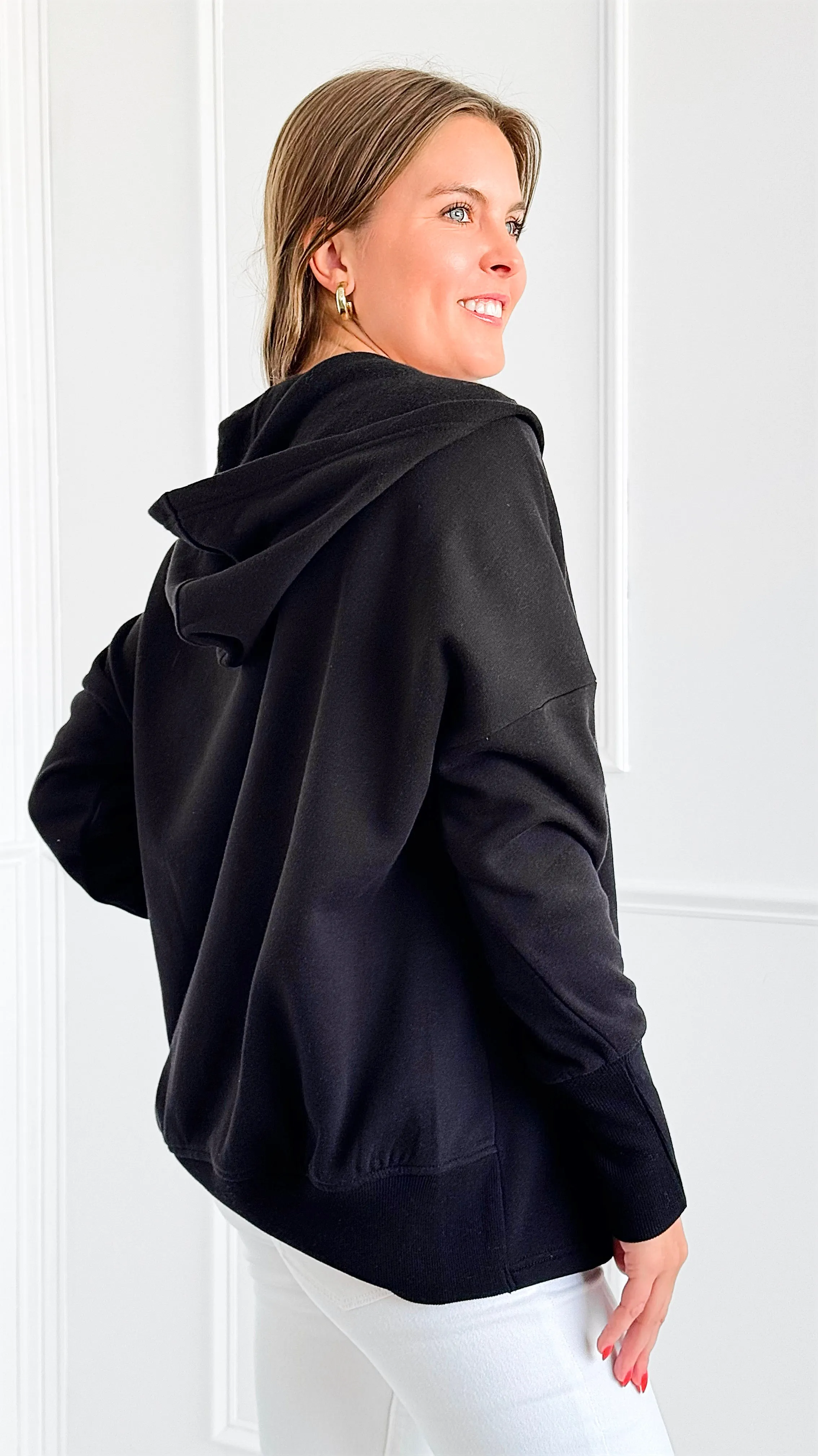 Cozy Button-Front Hoodied Sweatshirt - Black