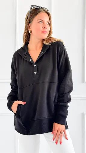 Cozy Button-Front Hoodied Sweatshirt - Black