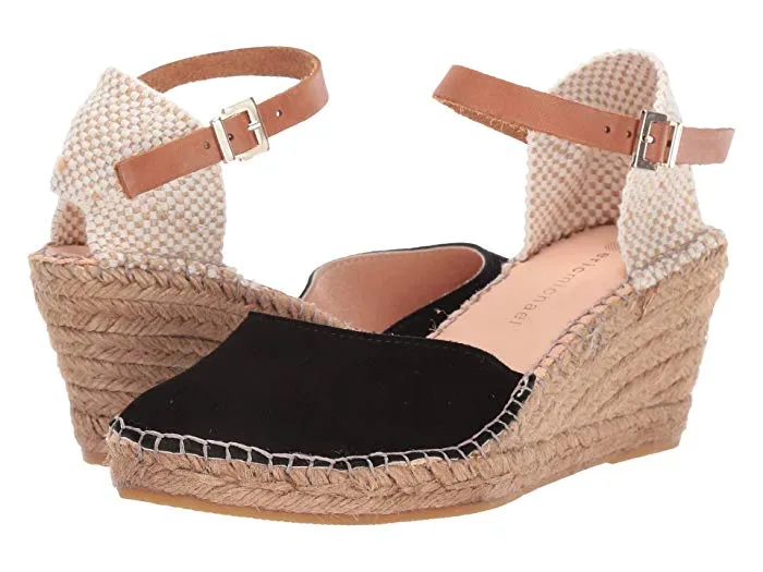 Eric Michael Evie Black White Wedge Espadrille Ankle Strap Closed Sandals Pumps