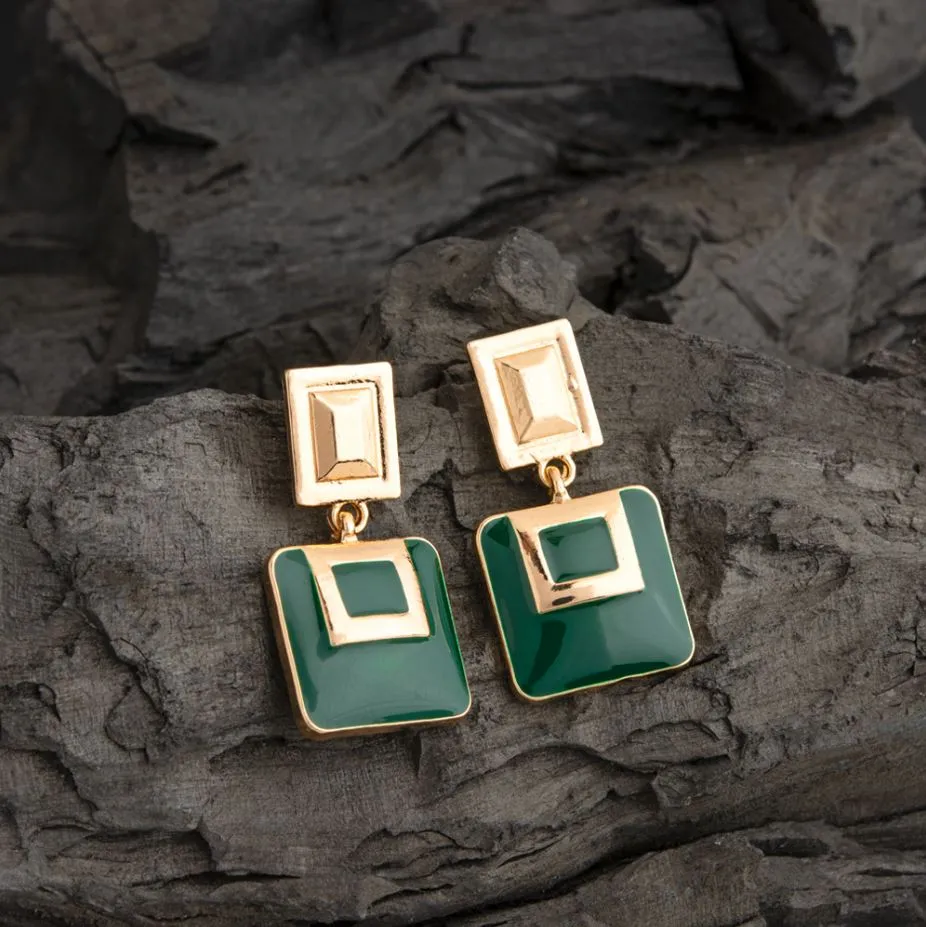 Gold Plated Geometric Shaped Enamel Artwork Designed Fashion Western Earring