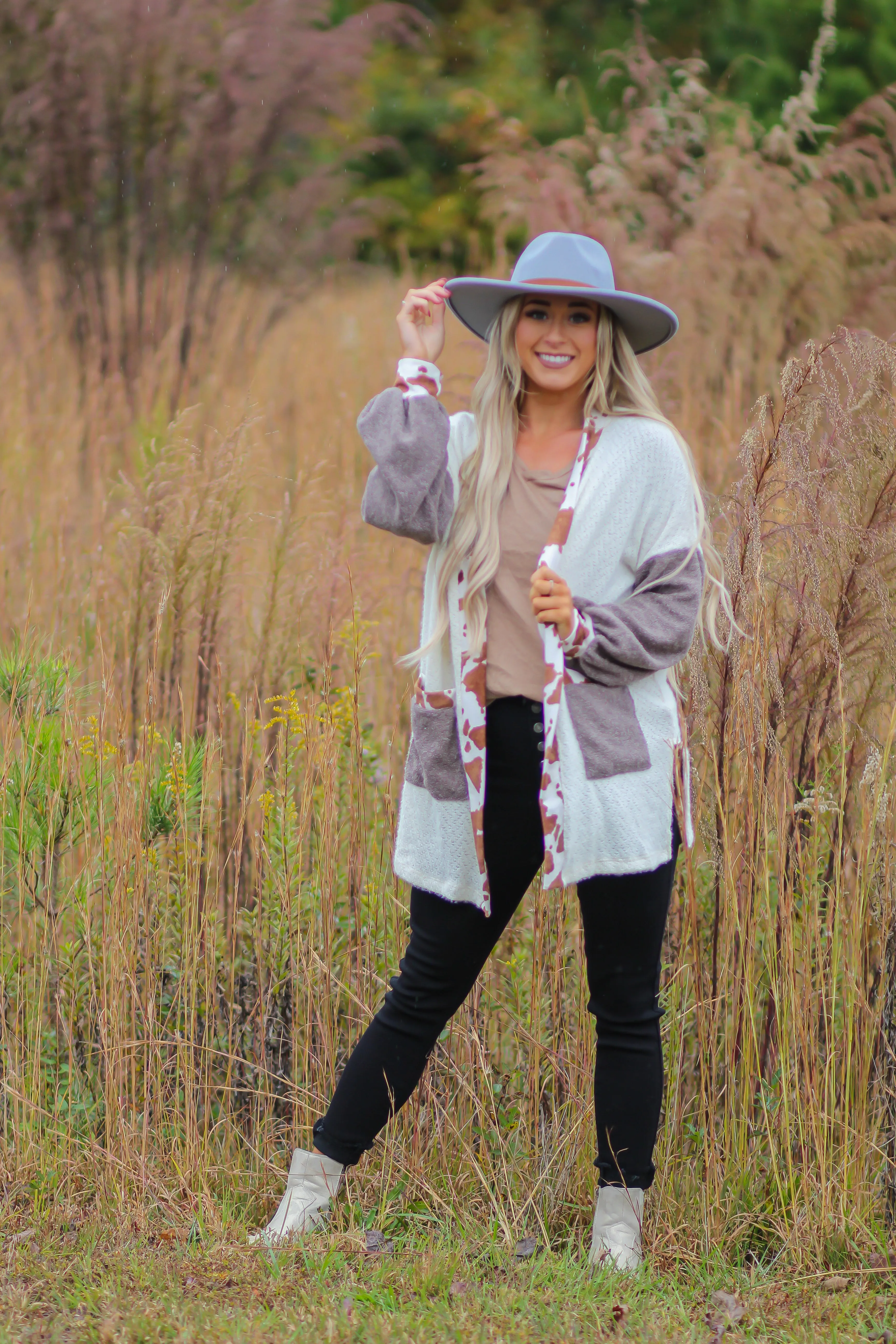 Ivory & Brown Cow Open Front Cardigan