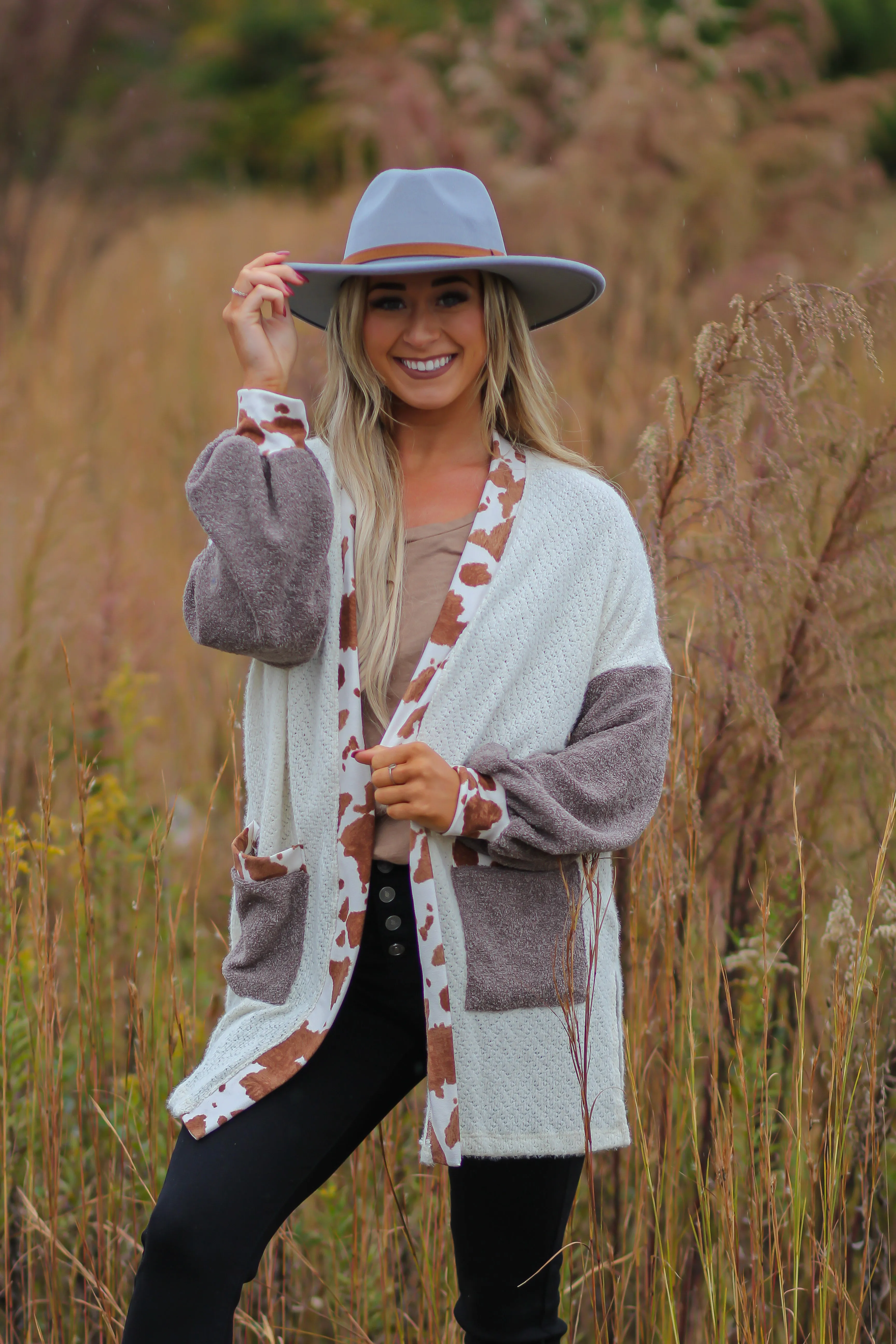 Ivory & Brown Cow Open Front Cardigan