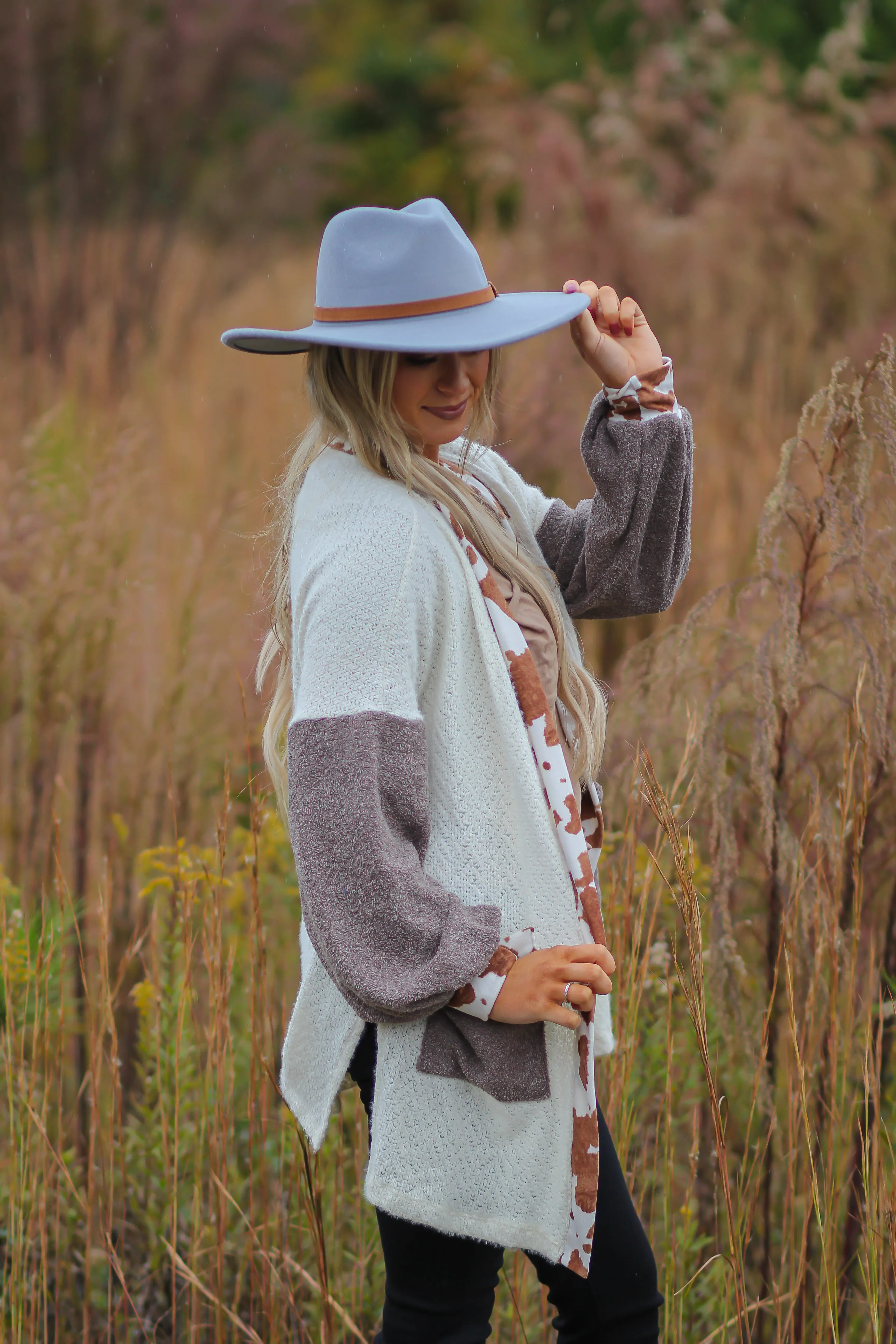 Ivory & Brown Cow Open Front Cardigan