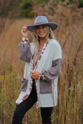 Ivory & Brown Cow Open Front Cardigan