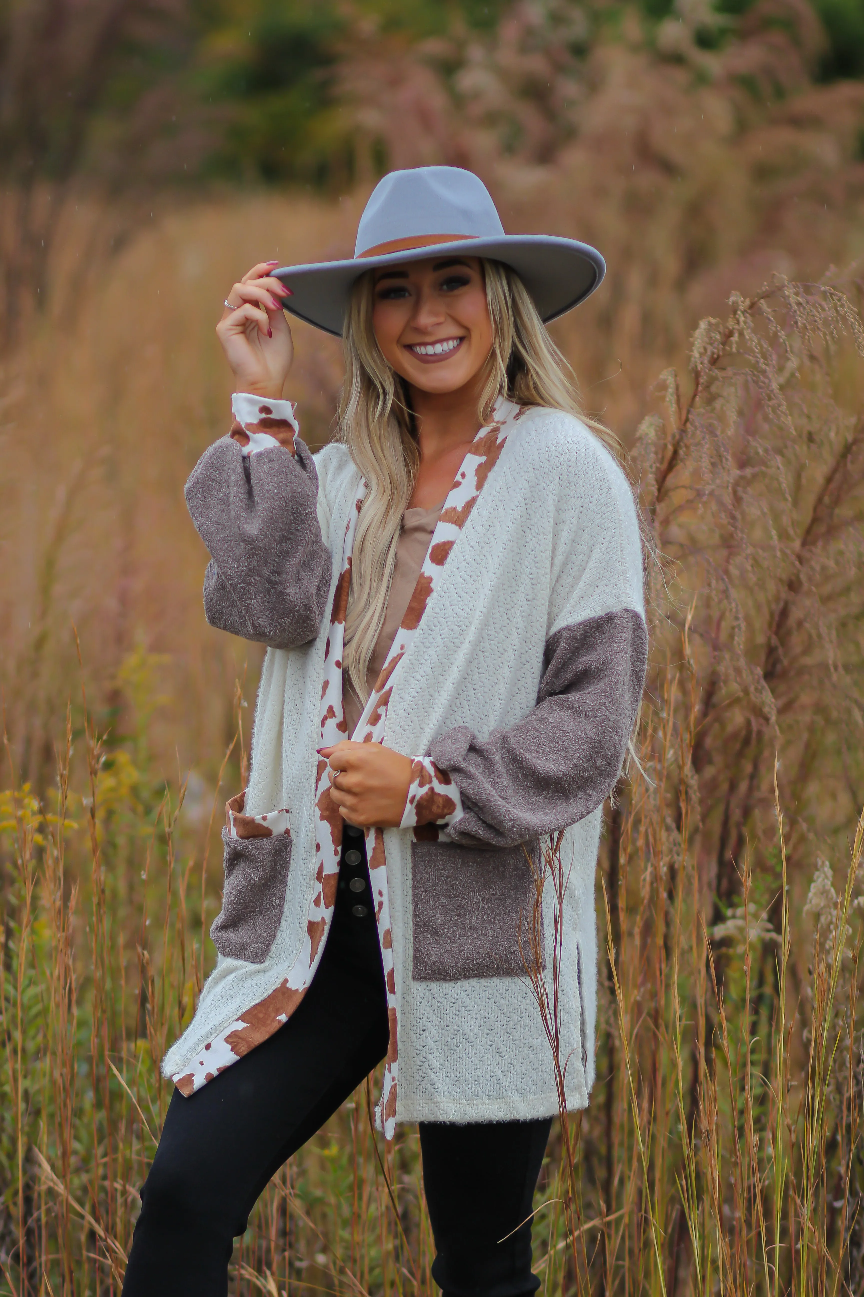Ivory & Brown Cow Open Front Cardigan