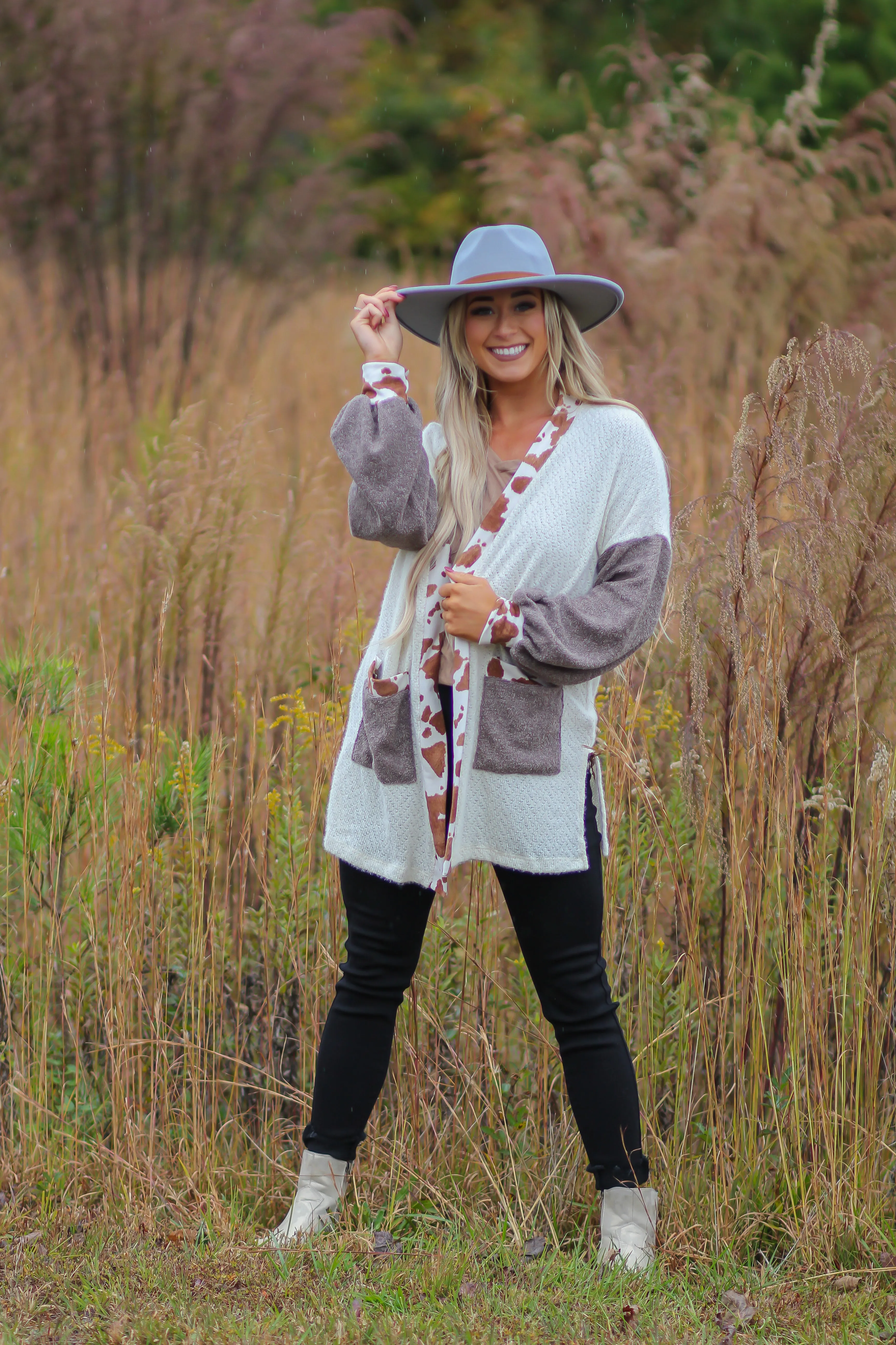 Ivory & Brown Cow Open Front Cardigan