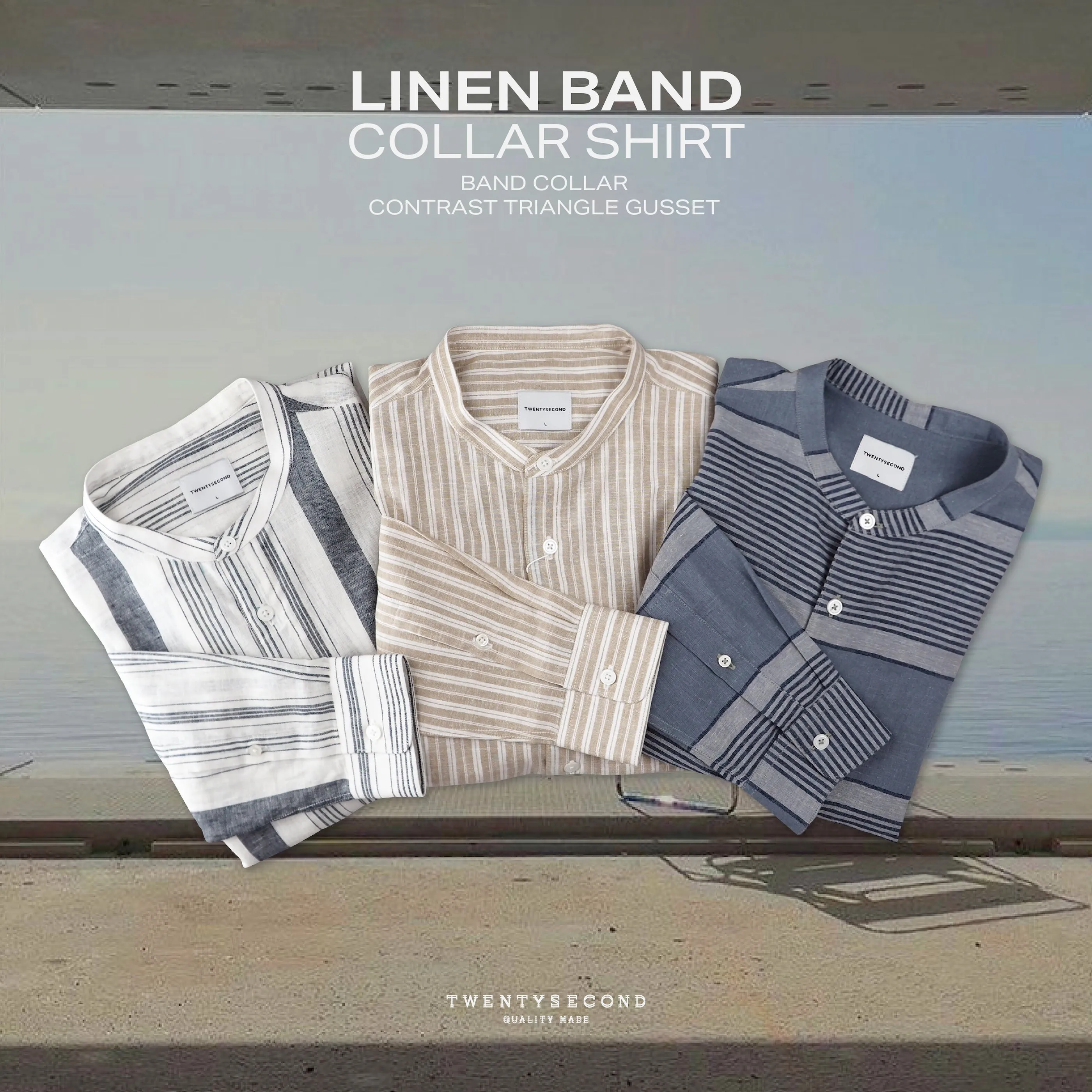 LINEN BAND COLLAR SHIRT - ST BLUE