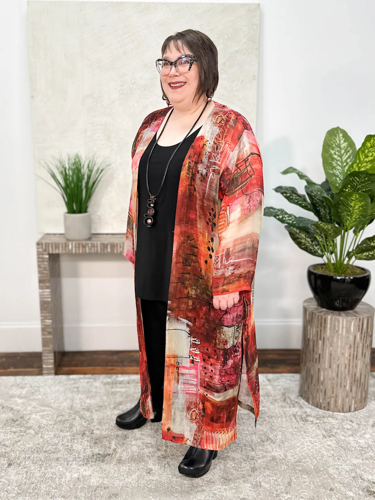 Long Sleeve Duster, Red Multi