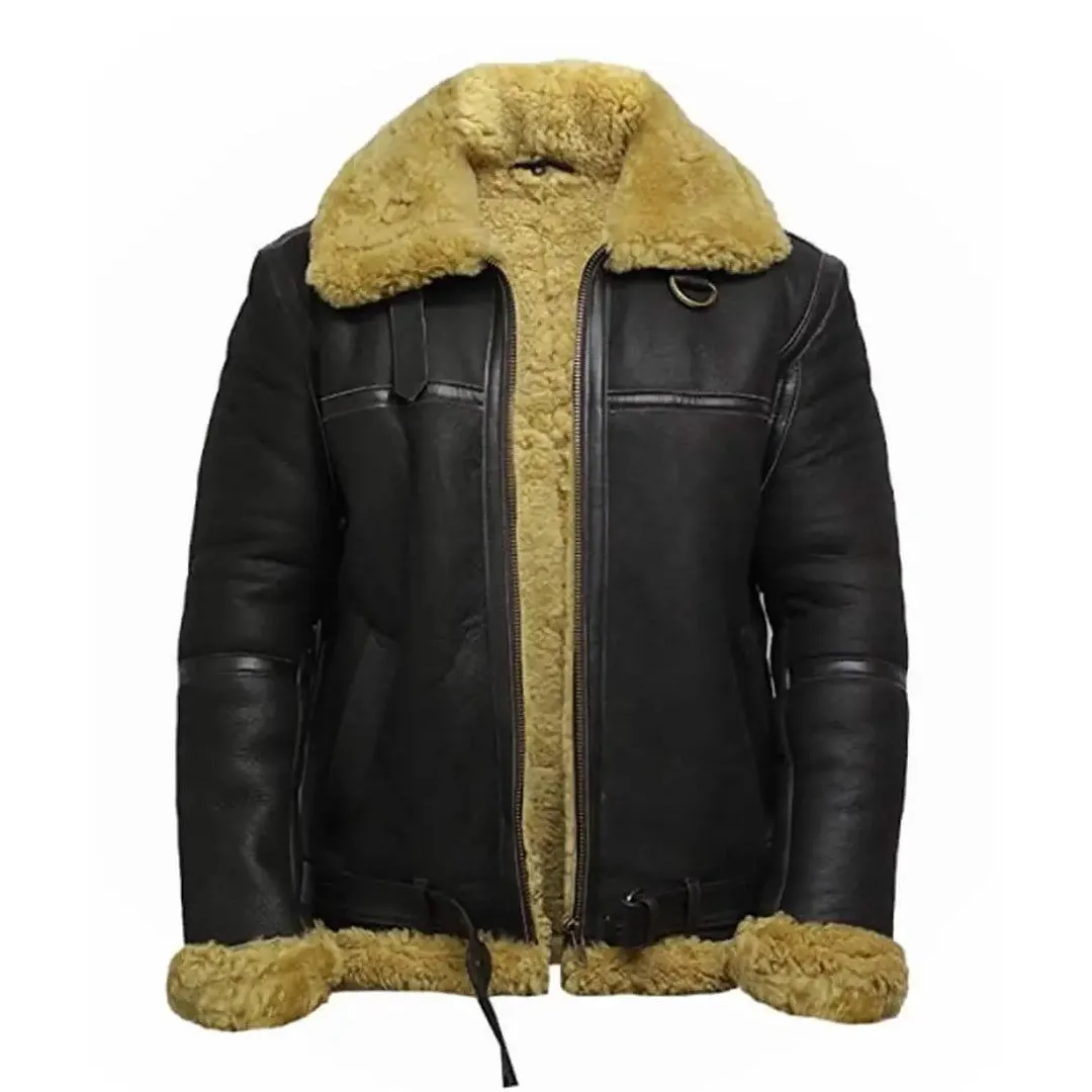 Men's Real Faux Shearling Bomber Black Leather Jacket