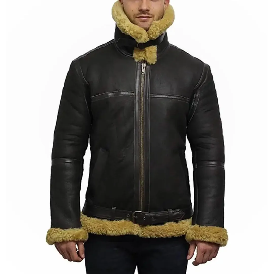 Men's Real Faux Shearling Bomber Black Leather Jacket