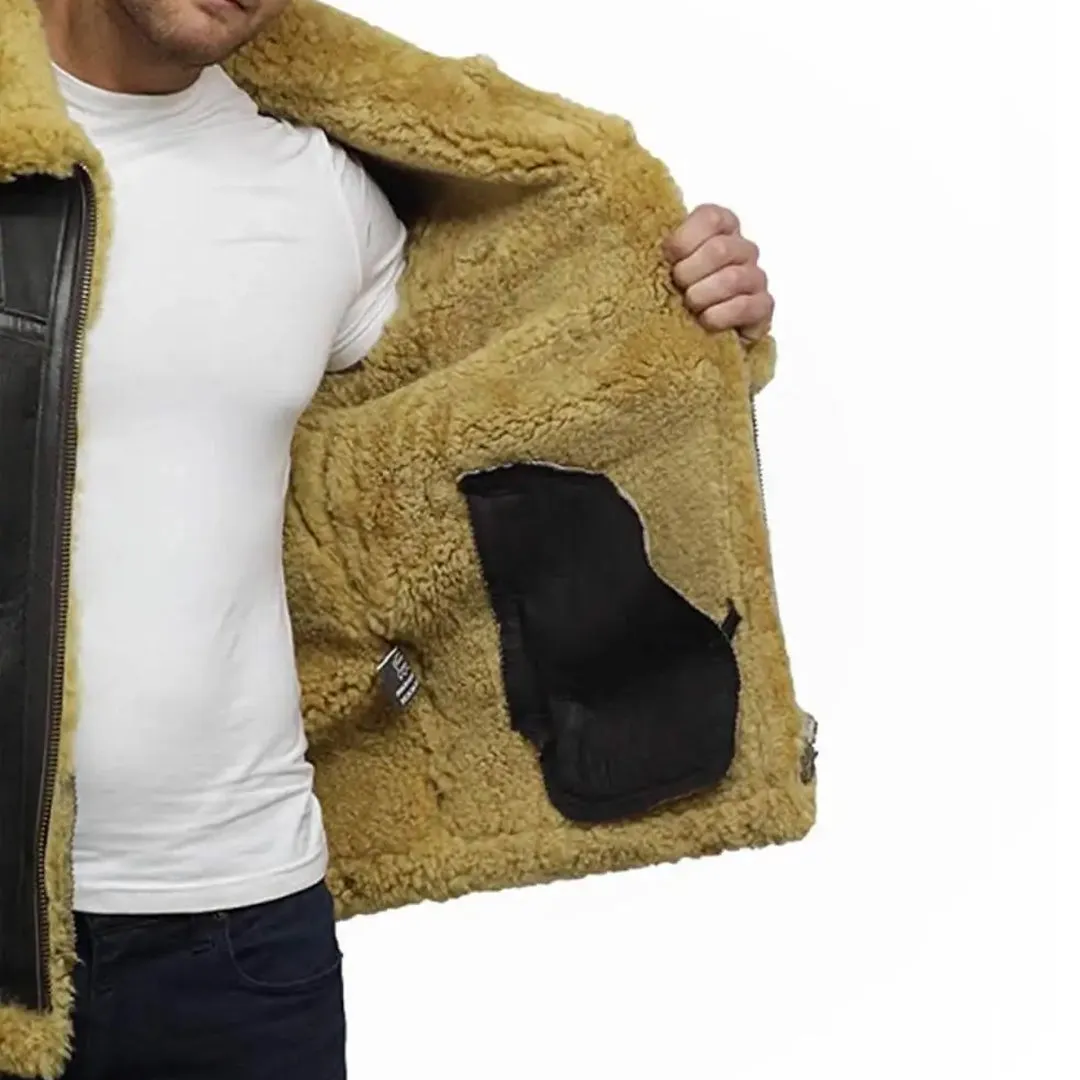 Men's Real Faux Shearling Bomber Black Leather Jacket