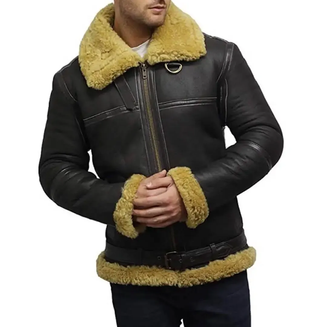 Men's Real Faux Shearling Bomber Black Leather Jacket