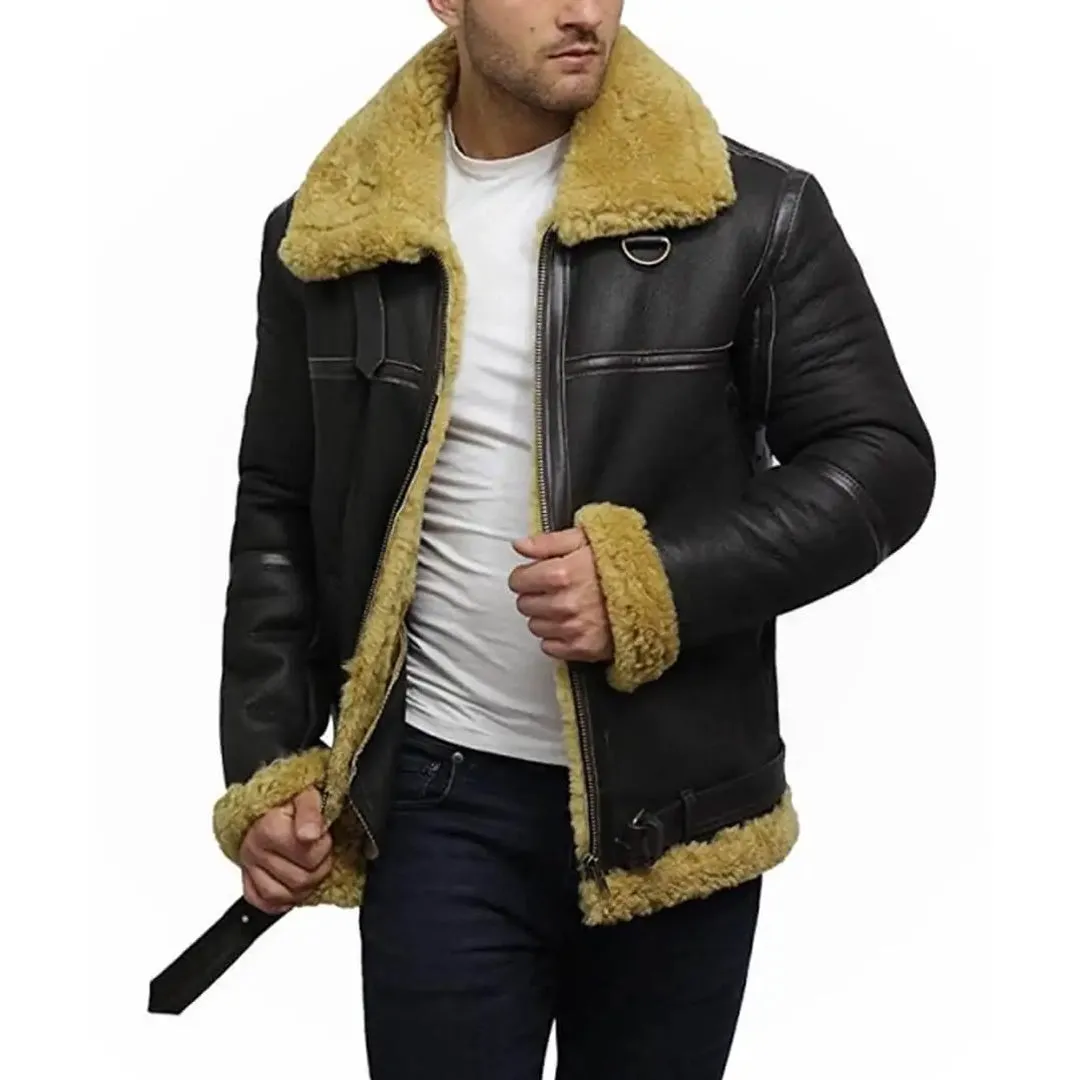 Men's Real Faux Shearling Bomber Black Leather Jacket