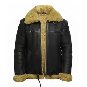 Men's Real Faux Shearling Bomber Black Leather Jacket