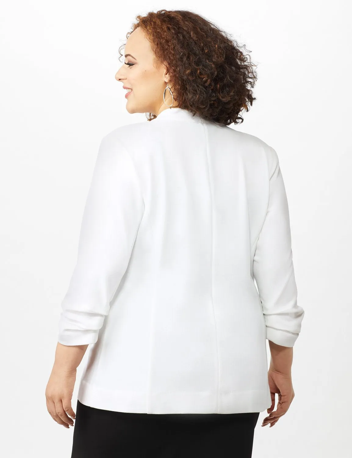 Open Front Collarless Cardigan With Ruched Sleeve