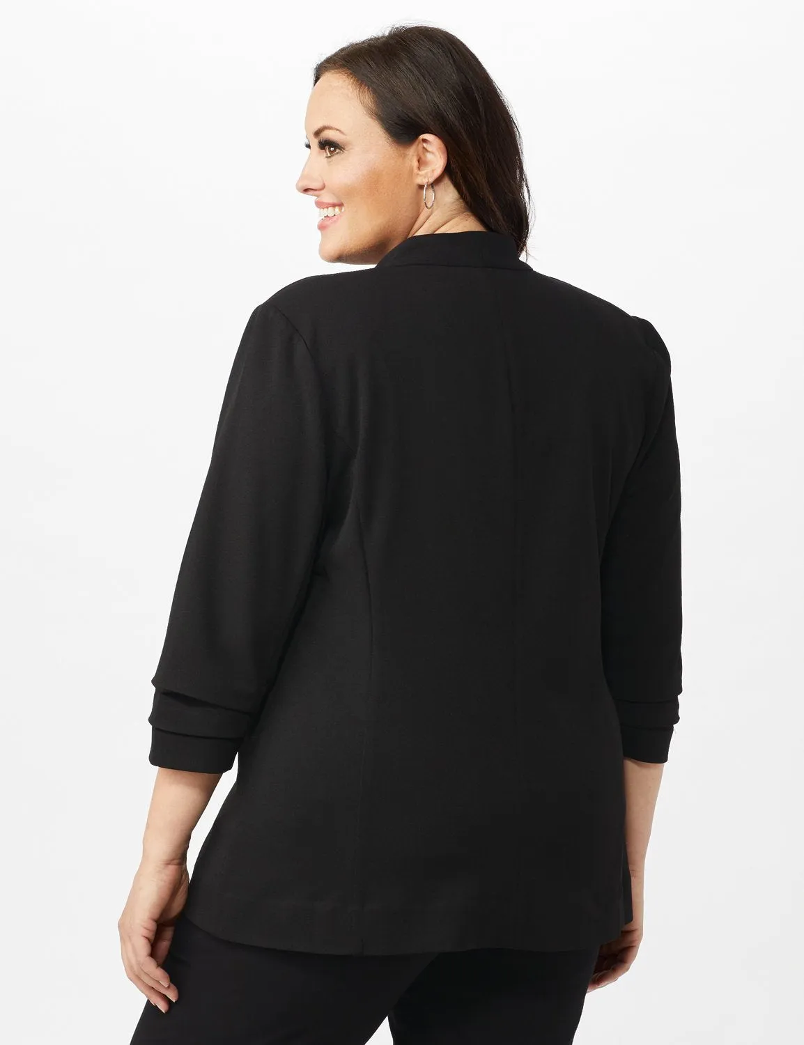 Open Front Collarless Cardigan With Ruched Sleeve