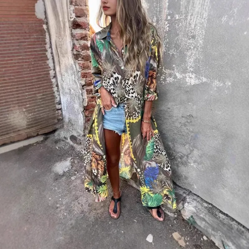 Printed Long Sleeve Lapel Open-Front Dress