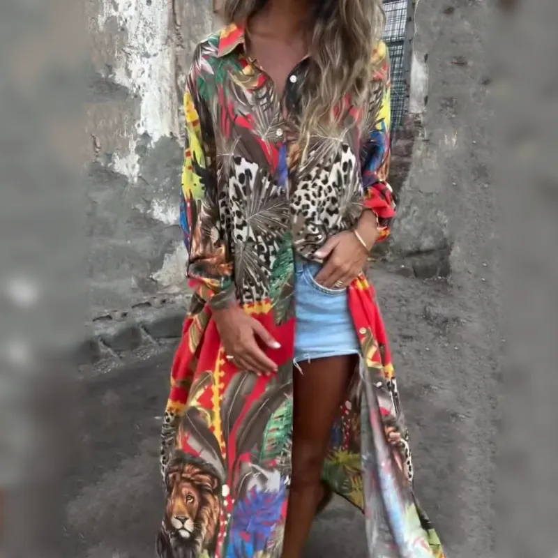 Printed Long Sleeve Lapel Open-Front Dress