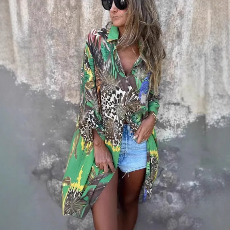 Printed Long Sleeve Lapel Open-Front Dress