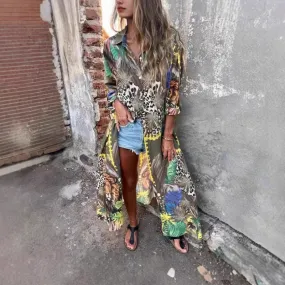 Printed Long Sleeve Lapel Open-Front Dress