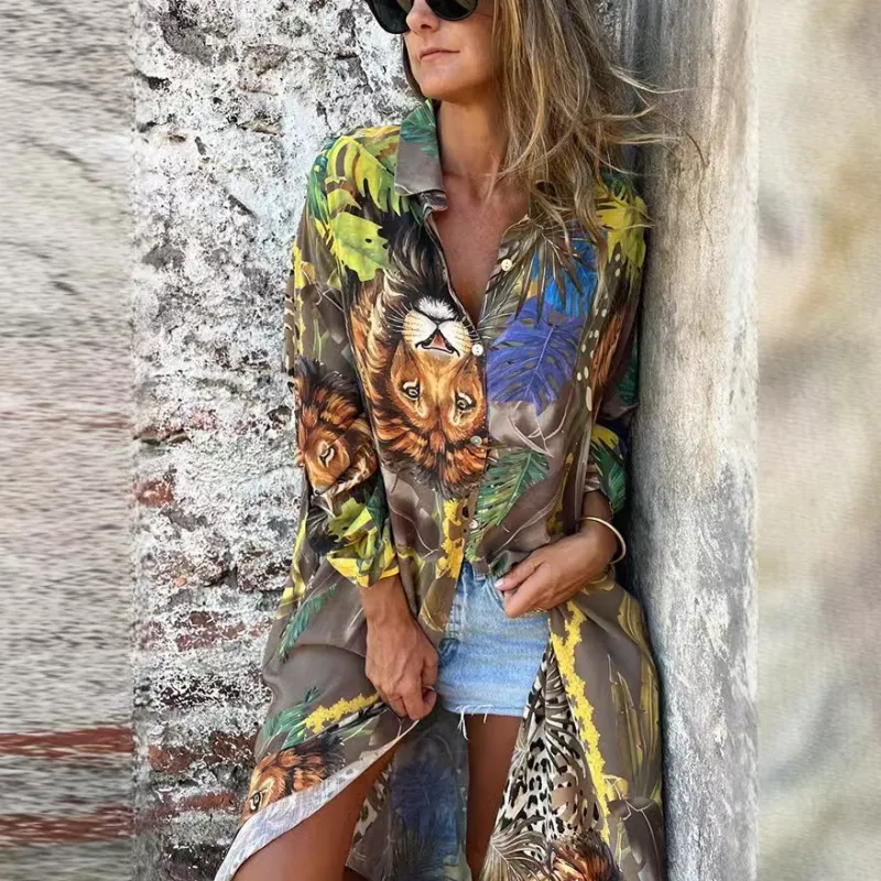 Printed Long Sleeve Lapel Open-Front Dress