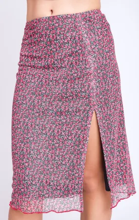 ROMANTIC FLORAL MESH MIDI SKIRT WITH SLIT