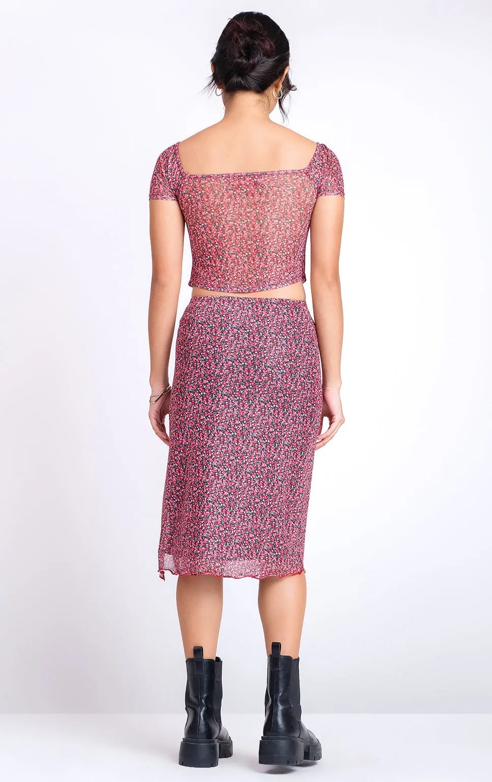 ROMANTIC FLORAL MESH MIDI SKIRT WITH SLIT