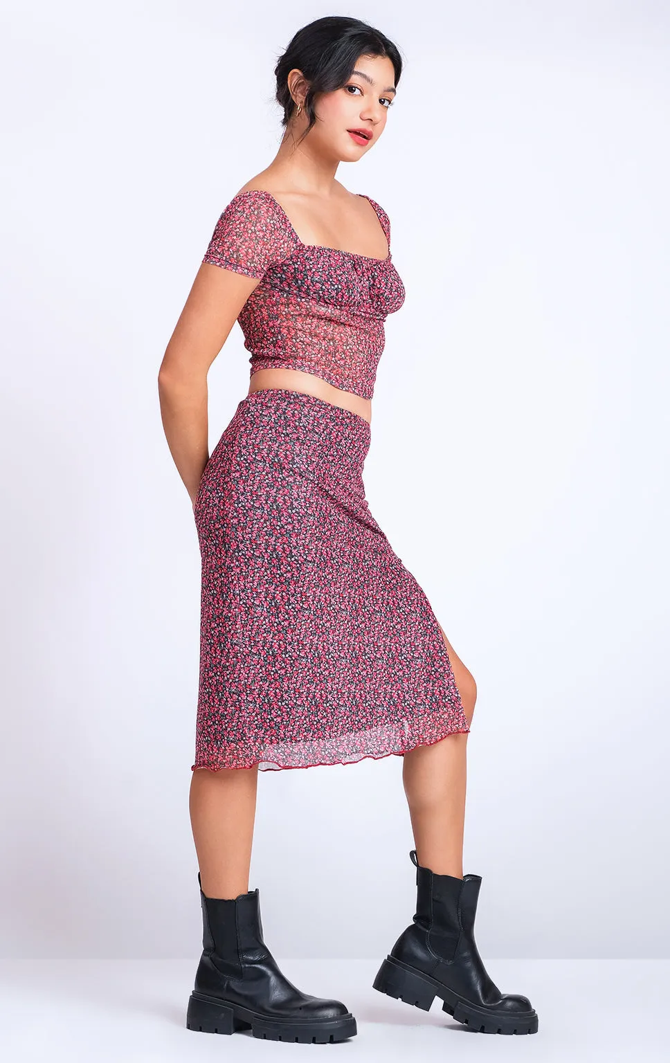 ROMANTIC FLORAL MESH MIDI SKIRT WITH SLIT