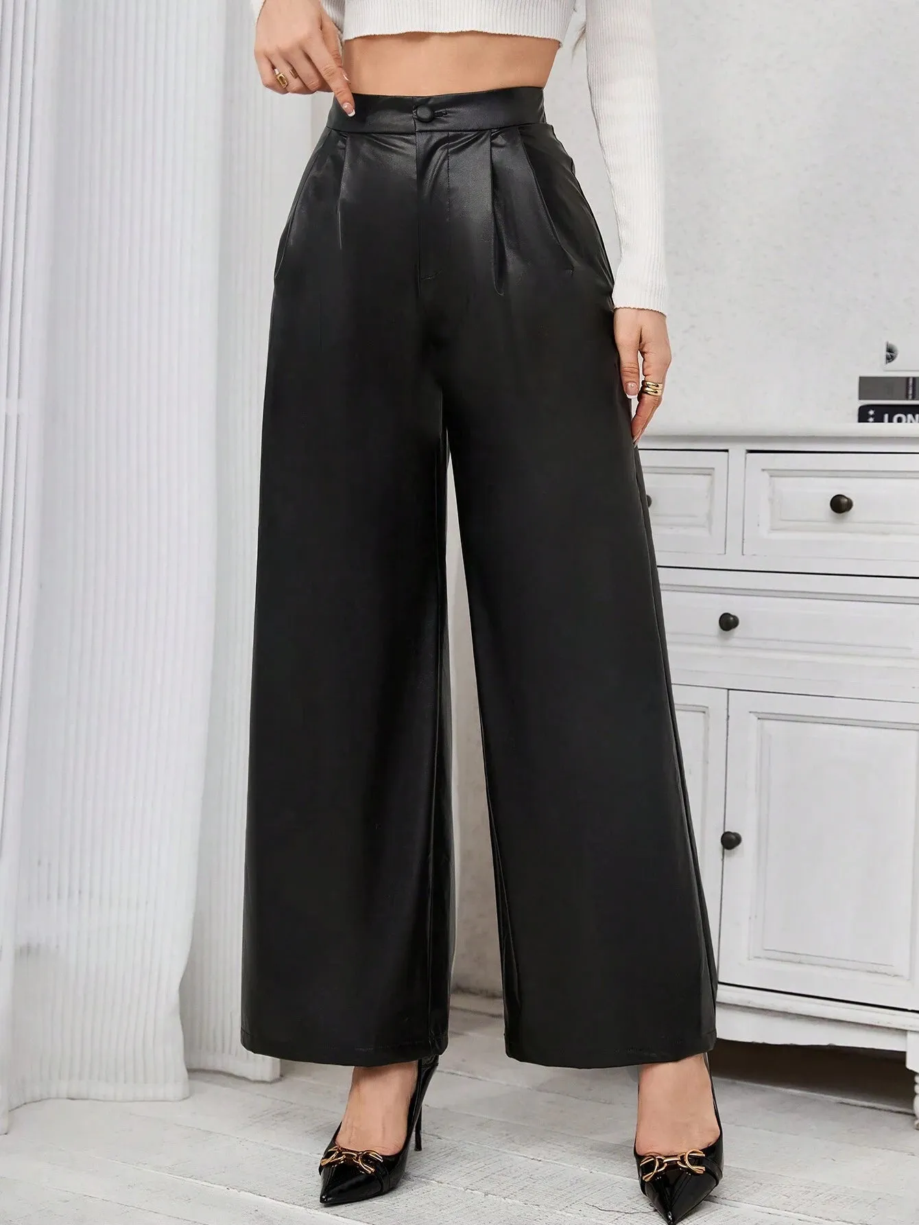 SHEIN Priv̩ Pu Leather Wide Leg Pants