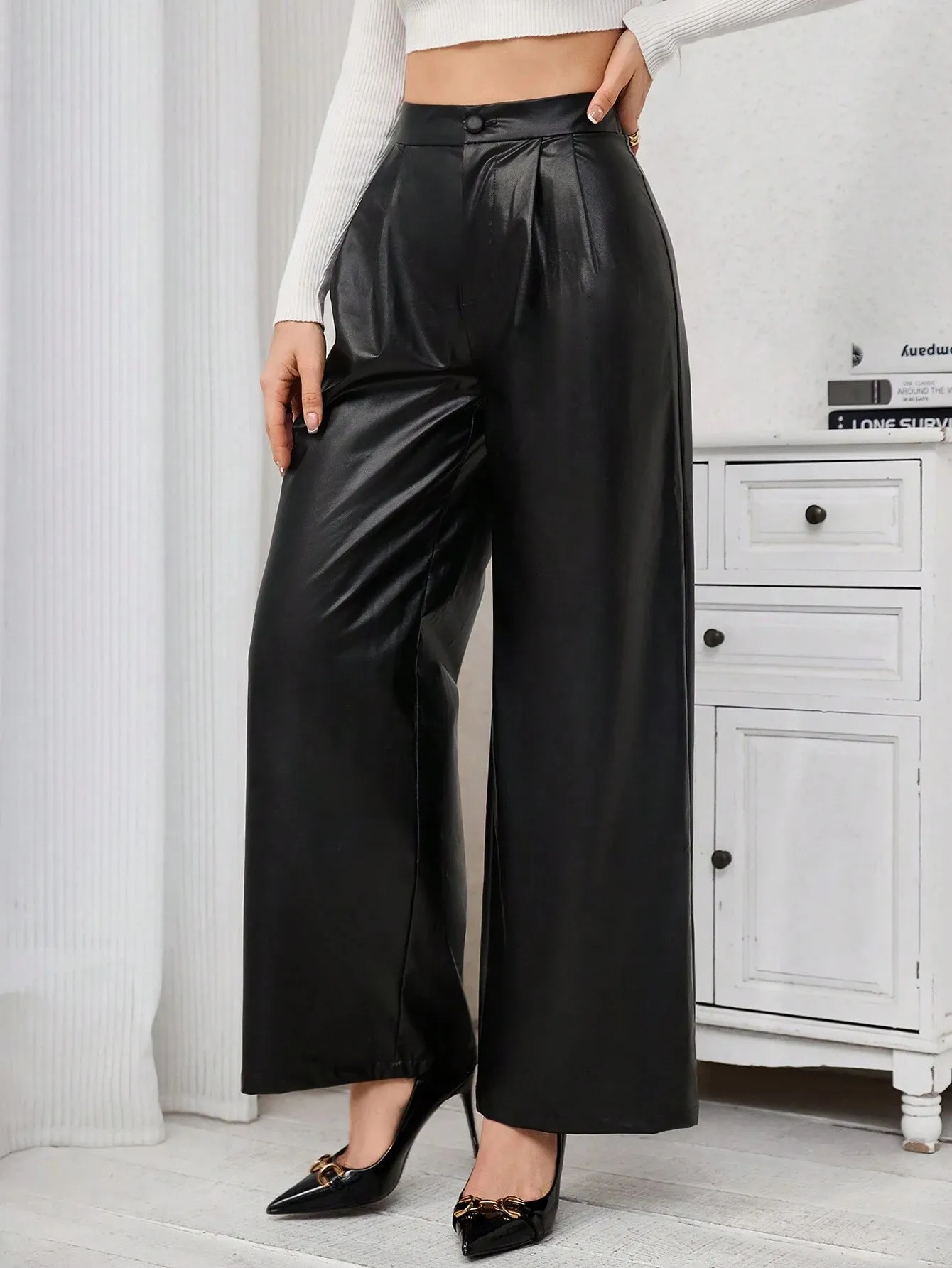 SHEIN Priv̩ Pu Leather Wide Leg Pants
