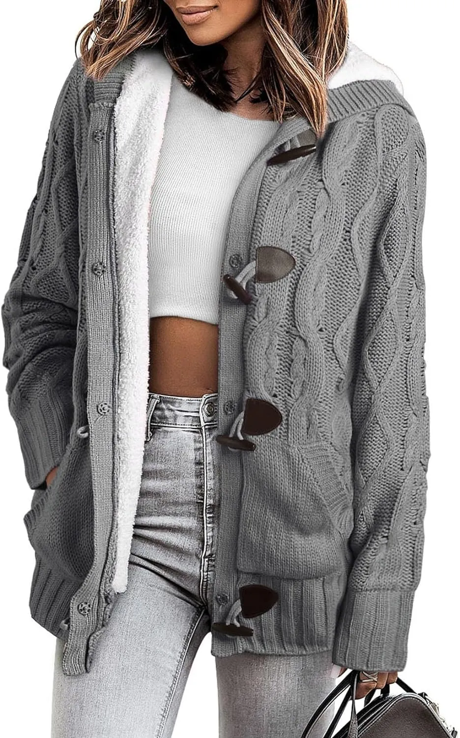 Sidefeel Women Hooded Knit Cardigans Button Cable Sweater Coat