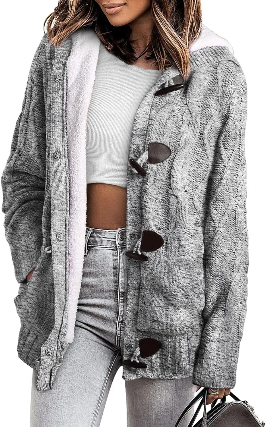 Sidefeel Women Hooded Knit Cardigans Button Cable Sweater Coat