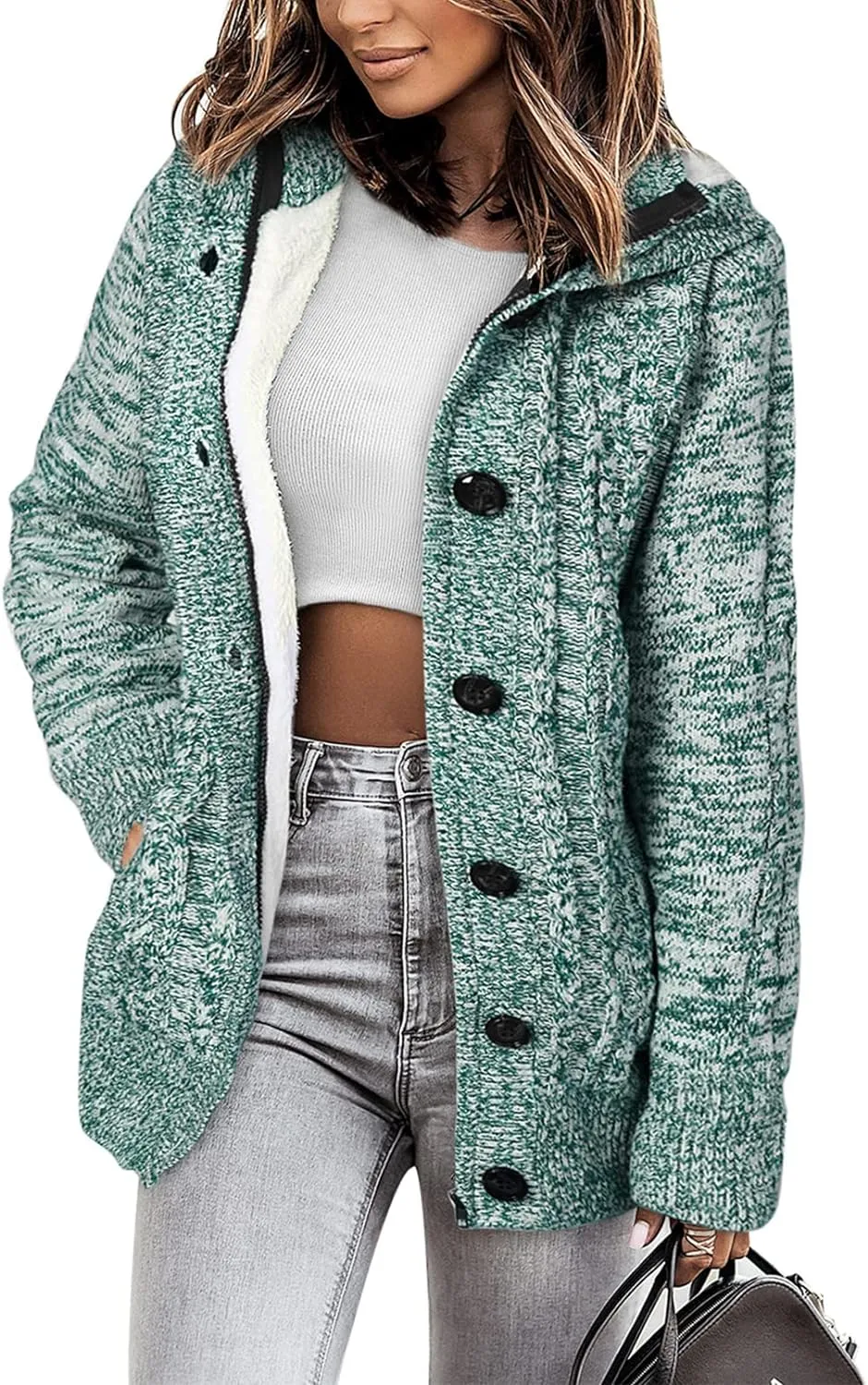 Sidefeel Women Hooded Knit Cardigans Button Cable Sweater Coat