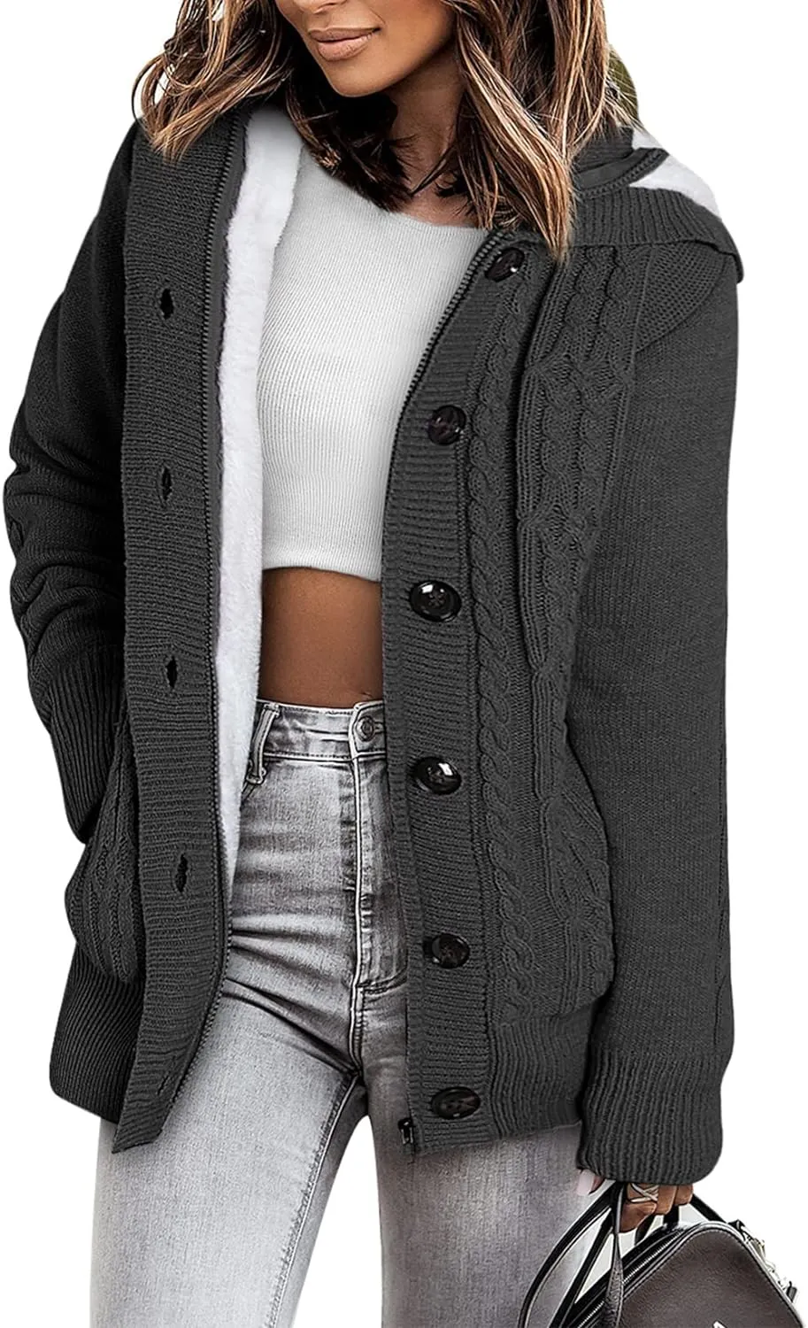 Sidefeel Women Hooded Knit Cardigans Button Cable Sweater Coat
