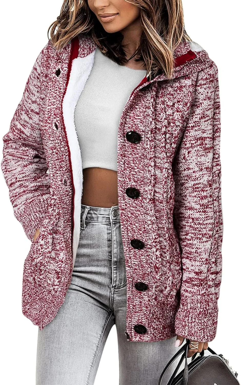 Sidefeel Women Hooded Knit Cardigans Button Cable Sweater Coat