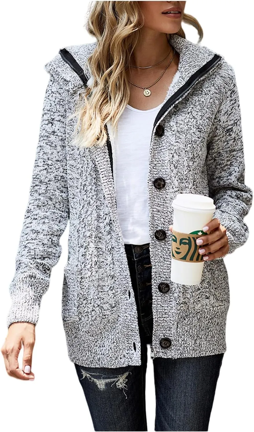 Sidefeel Women Hooded Knit Cardigans Button Cable Sweater Coat